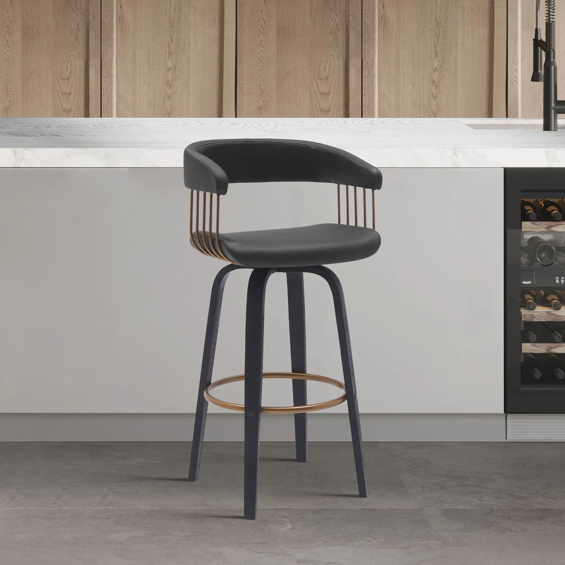 Topanga 30.5" Swivel Black Wood Bar Stool in Black Faux Leather with Golden Bronze Metal - Image 9