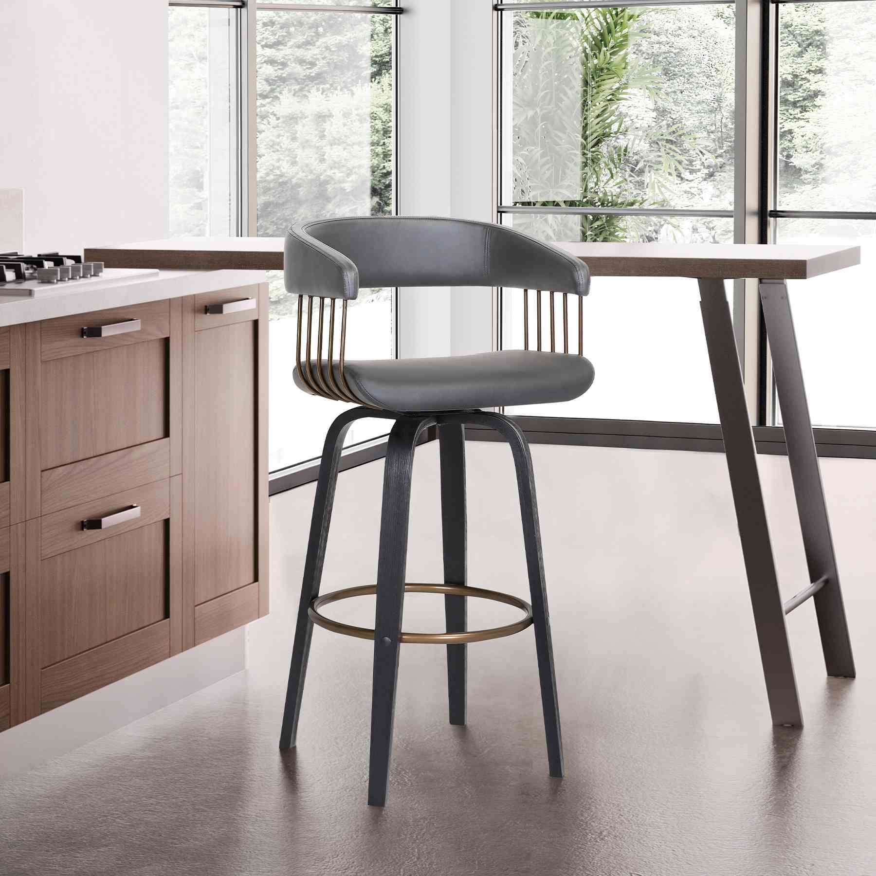 Topanga 30.5" Swivel Black Wood Bar Stool in Gray Faux Leather with Golden Bronze Metal - Image 10