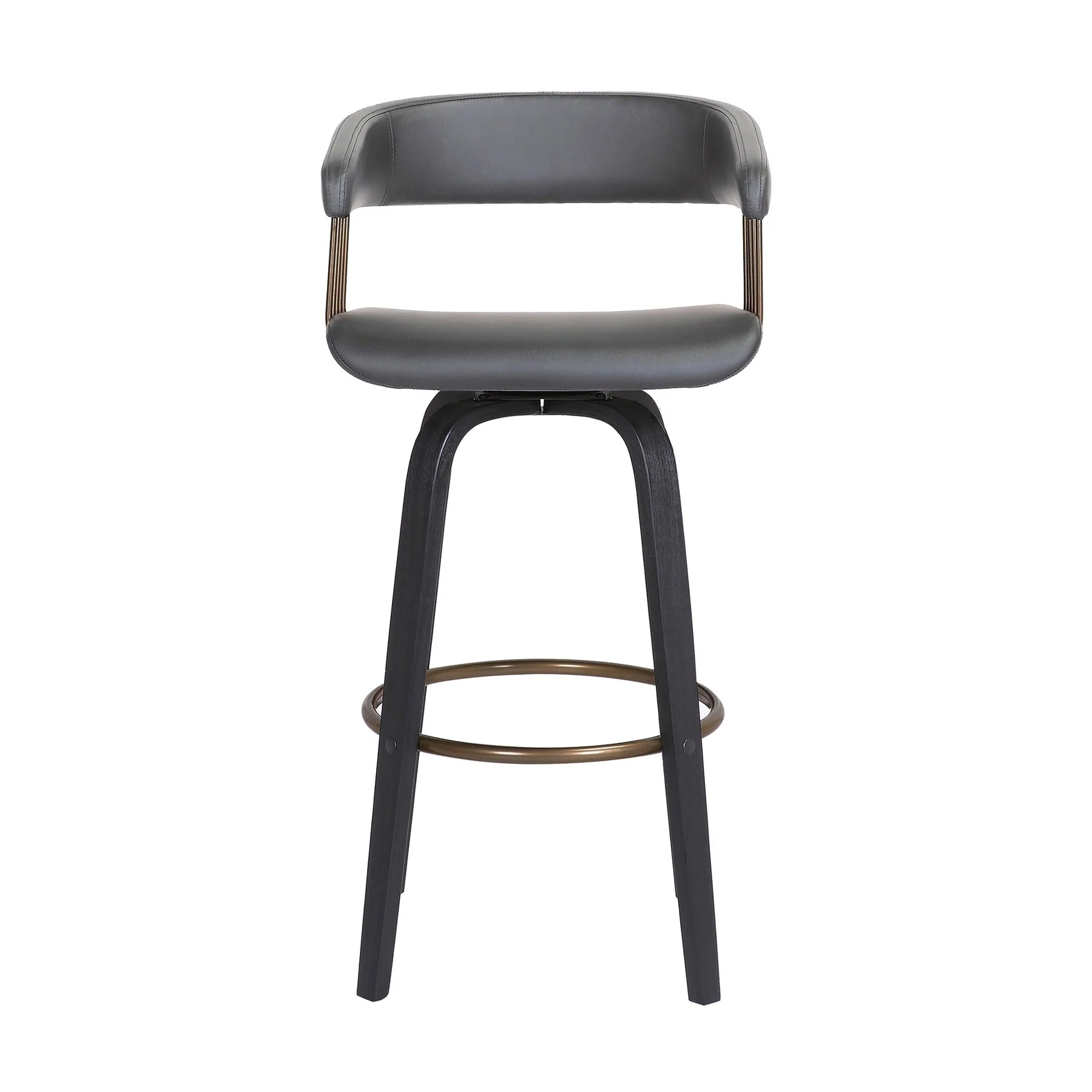 Topanga 30.5" Swivel Black Wood Bar Stool in Gray Faux Leather with Golden Bronze Metal - Image 2