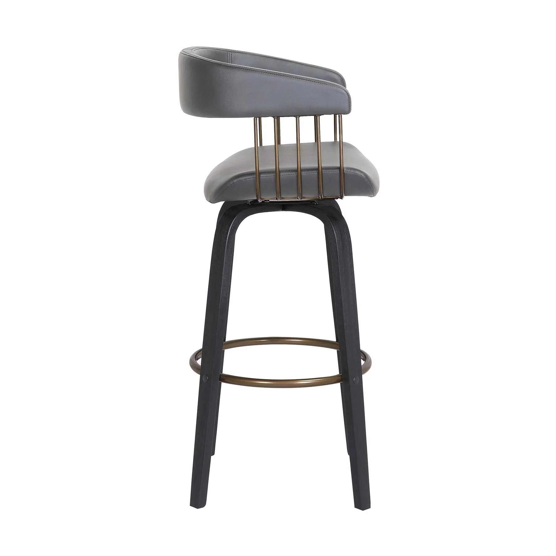 Topanga 30.5" Swivel Black Wood Bar Stool in Gray Faux Leather with Golden Bronze Metal - Image 3