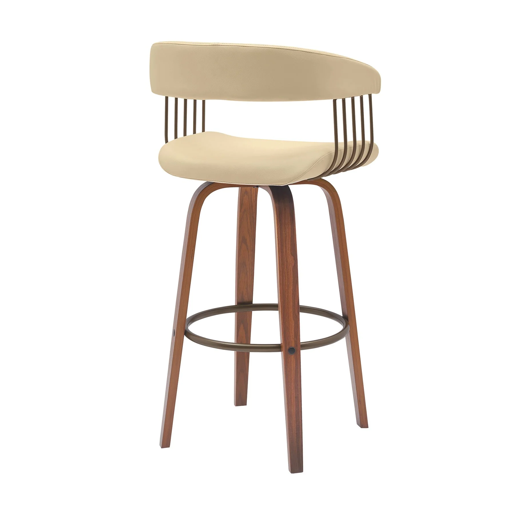 Topanga 30.5" Swivel Walnut Wood Bar Stool in Cream Faux Leather with Golden Bronze Metal - Image 3