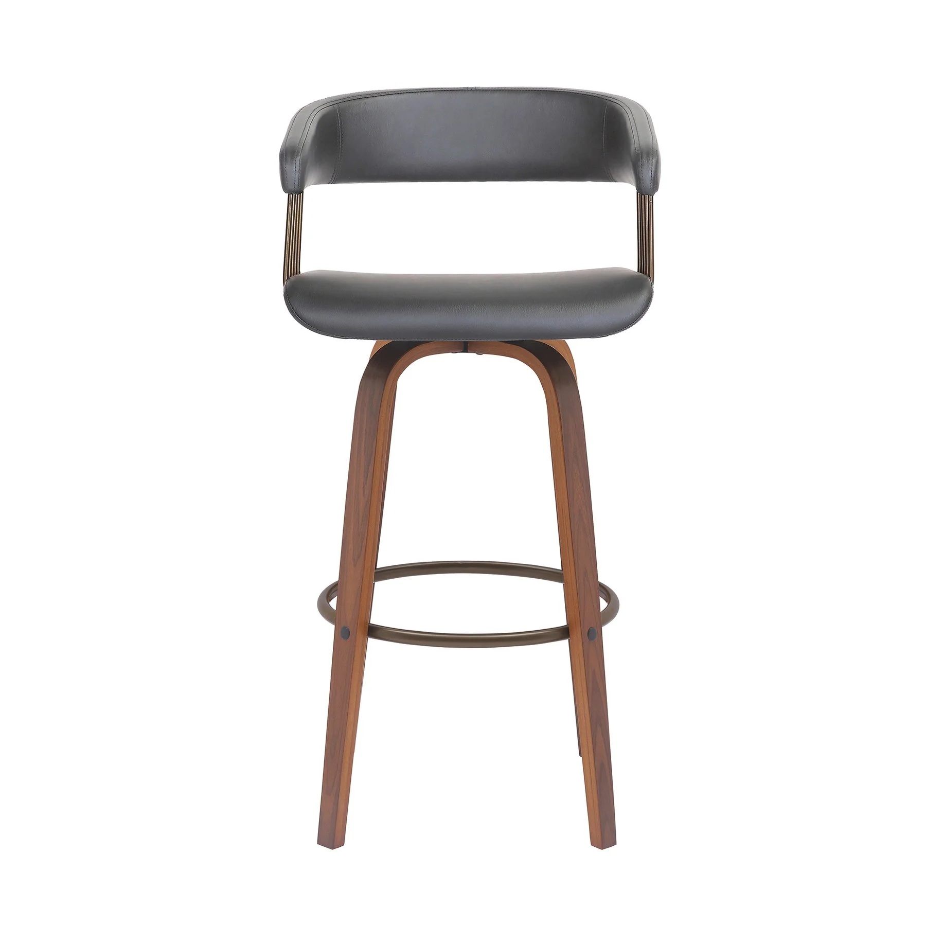 Topanga 30.5" Swivel Walnut Wood Bar Stool in Gray Faux Leather with Golden Bronze Metal - Image 2