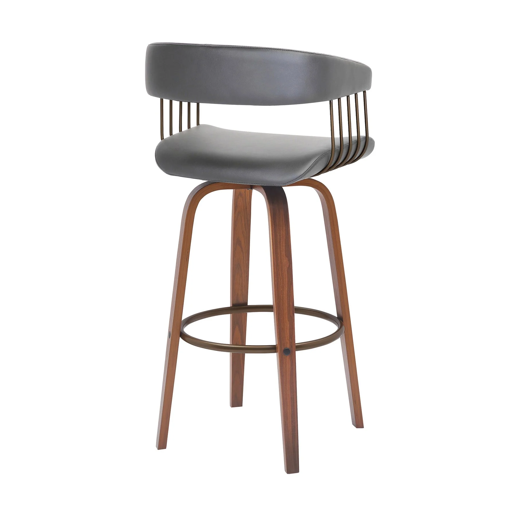 Topanga 30.5" Swivel Walnut Wood Bar Stool in Gray Faux Leather with Golden Bronze Metal - Image 3