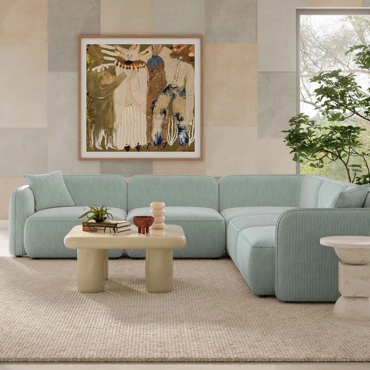 Travie Sea Blue Performance Corduroy Velvet Modular L-Sectional - Image 2