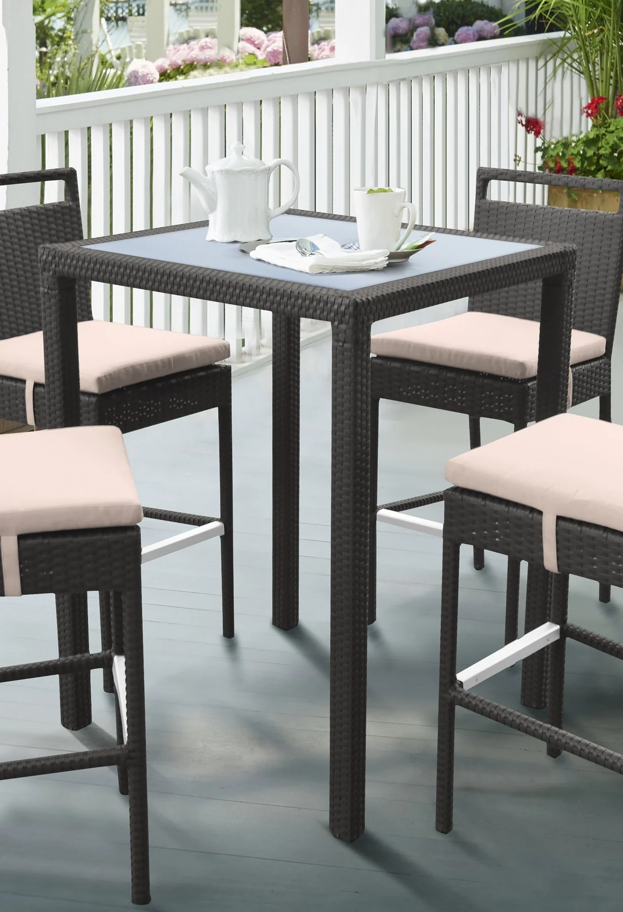 Tropez Outdoor Patio Wicker Bar Table with Black Glass Top - Image 4