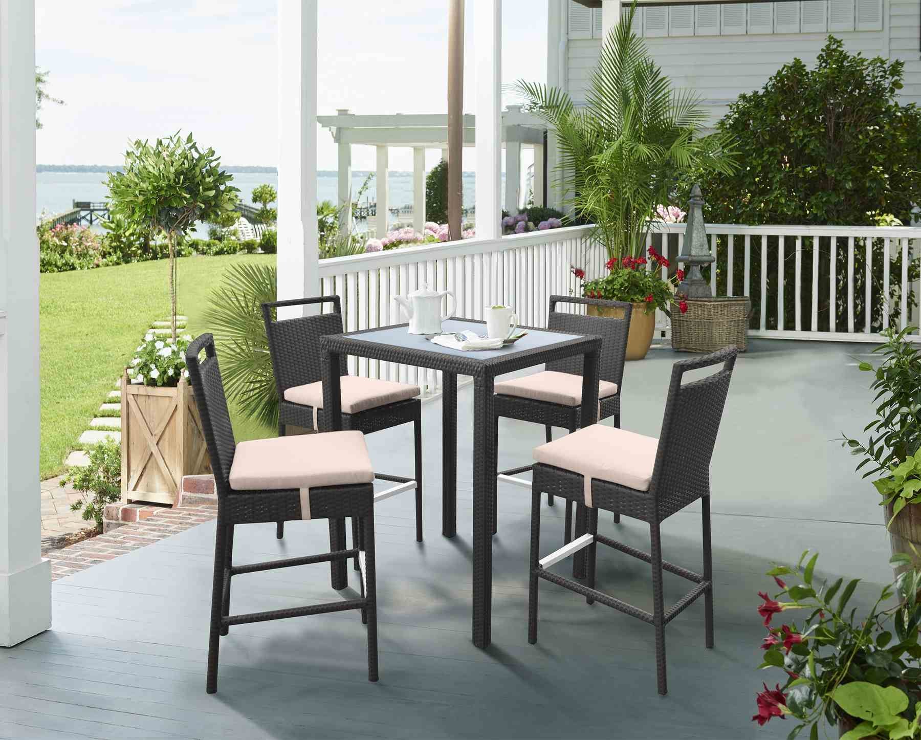 Tropez Outdoor Patio Wicker Bar Table with Black Glass Top - Image 5