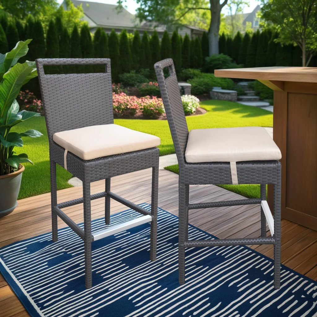 Tropez Outdoor Patio Wicker Barstool with Water Resistant Beige Fabric Cushions - Image 8