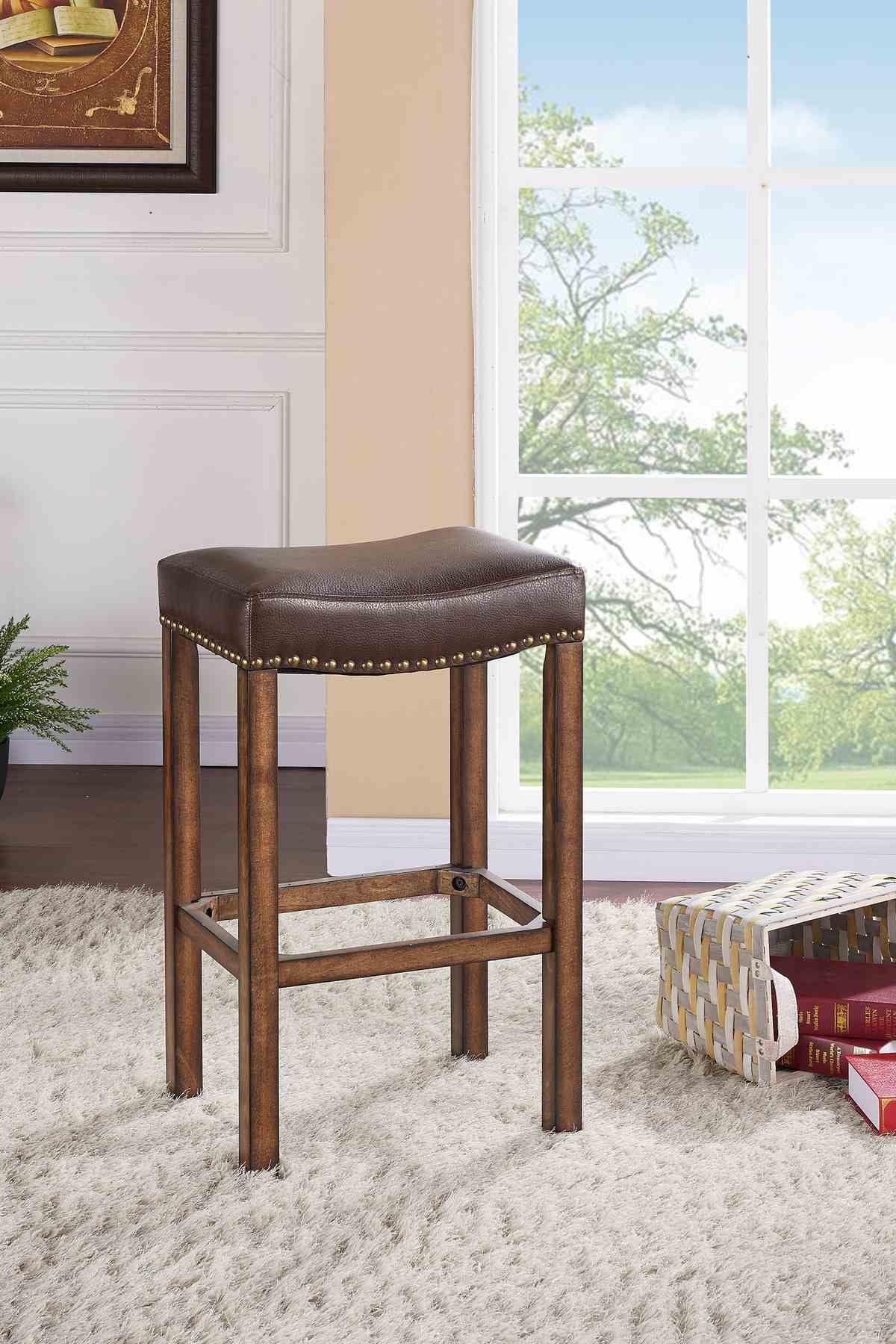 Tudor 26" Counter Height Wood Backless Barstool in Chestnut Finish and Kahlua Faux Leather - Image 4