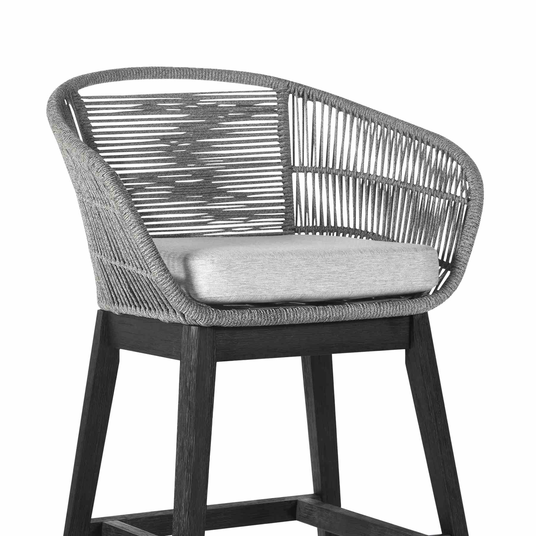 Tutti Frutti Indoor Outdoor Bar Height Bar Stool in Black Brushed Eucalyptus Wood with Gray Rope - Image 5