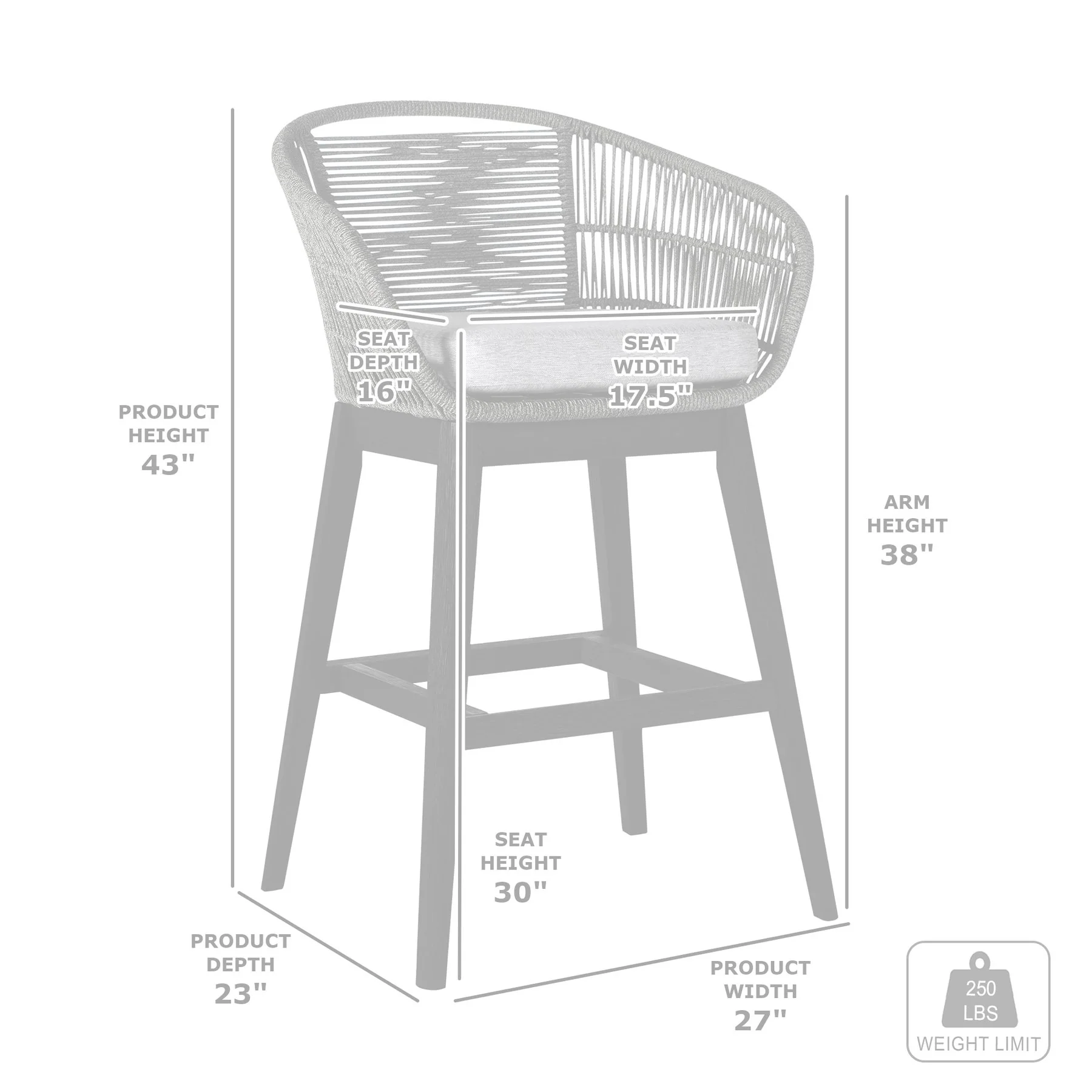 Tutti Frutti Indoor Outdoor Bar Height Bar Stool in Black Brushed Eucalyptus Wood with Gray Rope - Image 9
