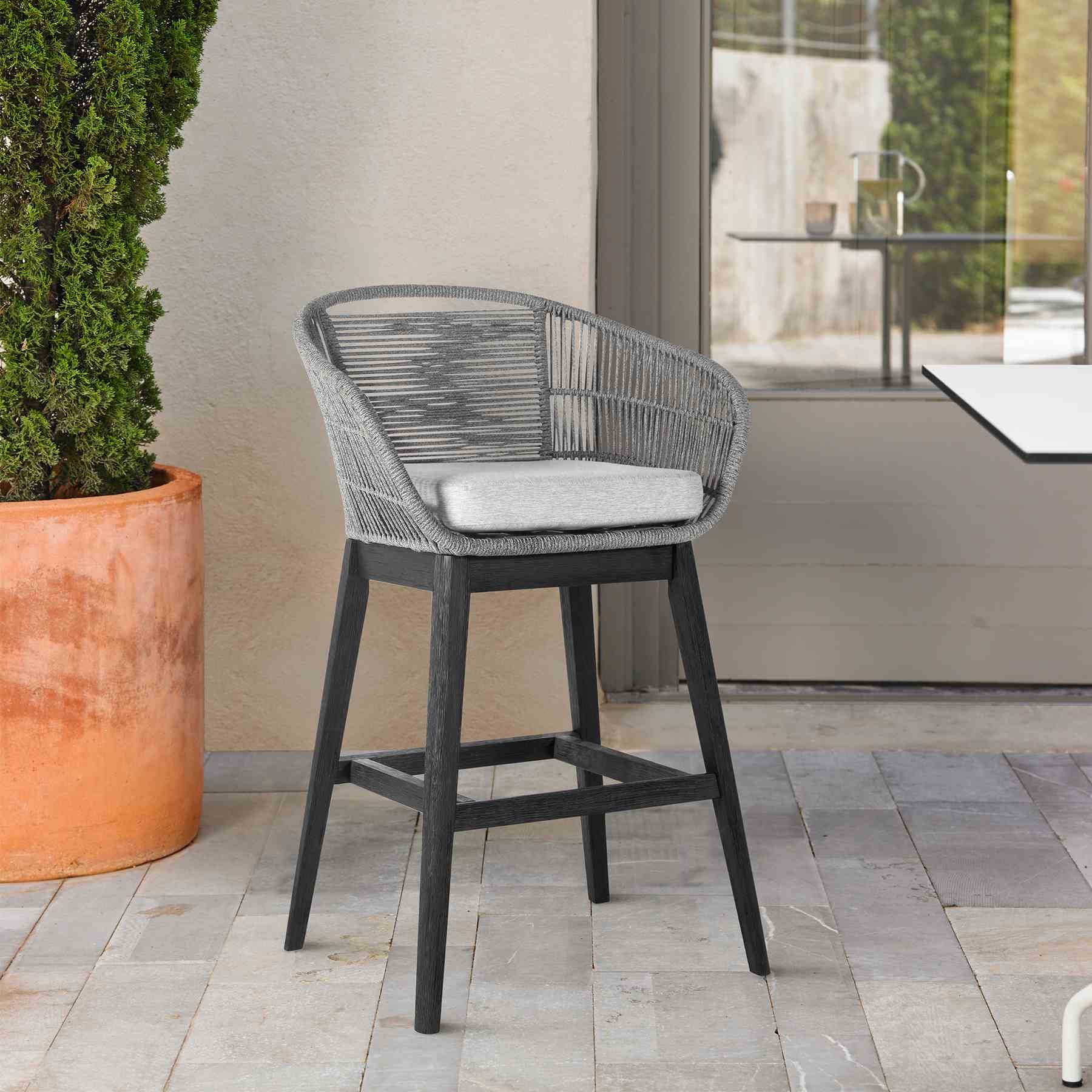 Tutti Frutti Indoor Outdoor Counter Height Bar Stool in Black Brushed Eucalyptus Wood with Gray Rope - Image 10