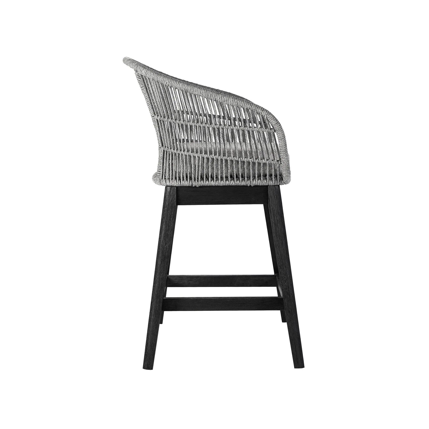Tutti Frutti Indoor Outdoor Counter Height Bar Stool in Black Brushed Eucalyptus Wood with Gray Rope - Image 3