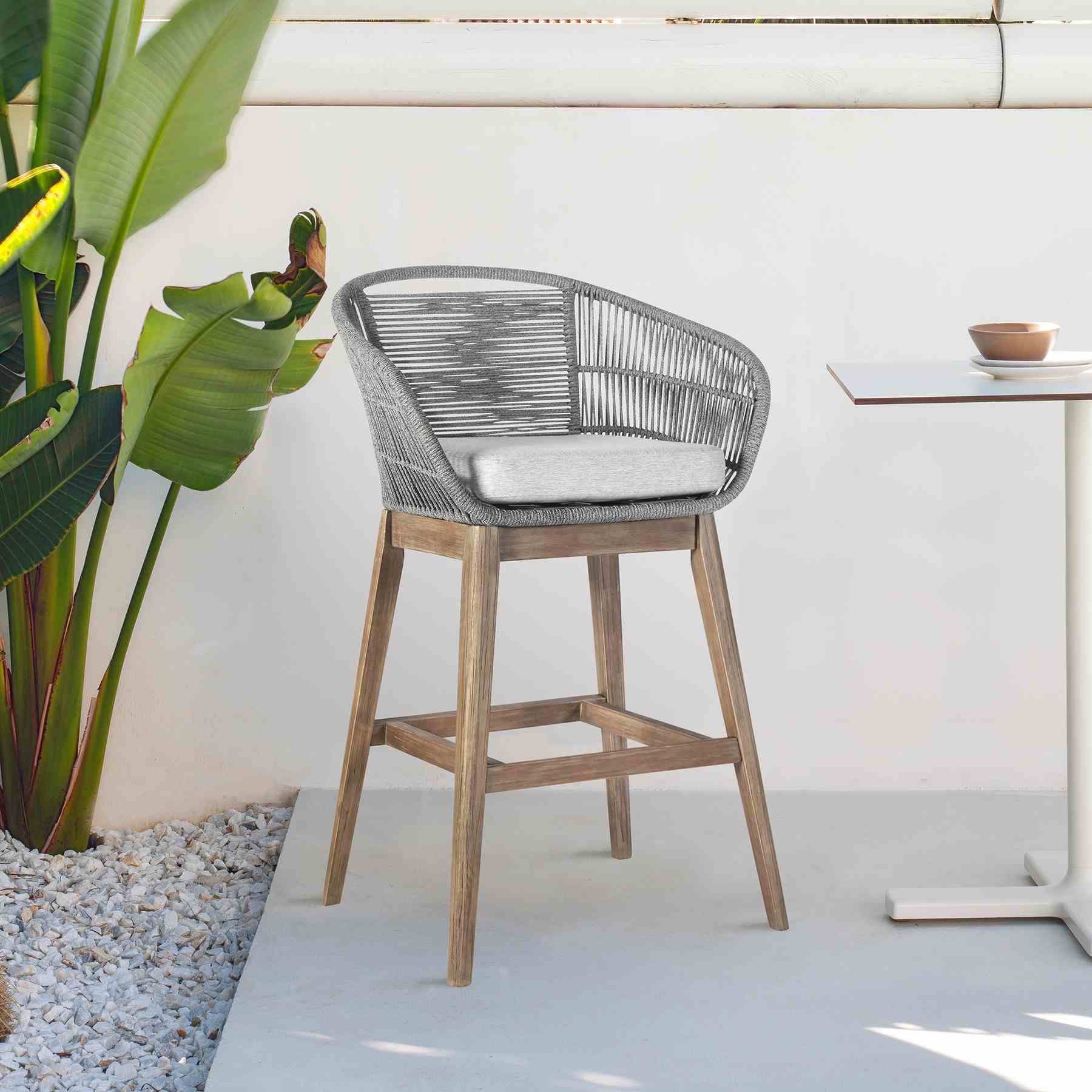 Tutti Frutti Indoor Outdoor Counter Height Bar Stool in Light Eucalyptus Wood with Gray Rope - Image 10