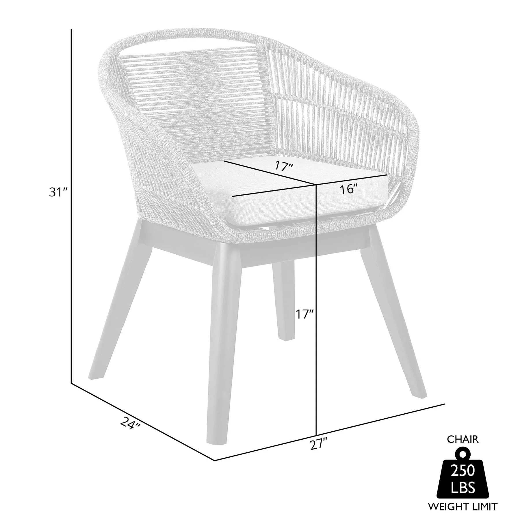 Tutti Frutti Indoor Outdoor Dining Chair in Dark Eucalyptus Wood with Gray Rope and Gray Cushion - Image 7