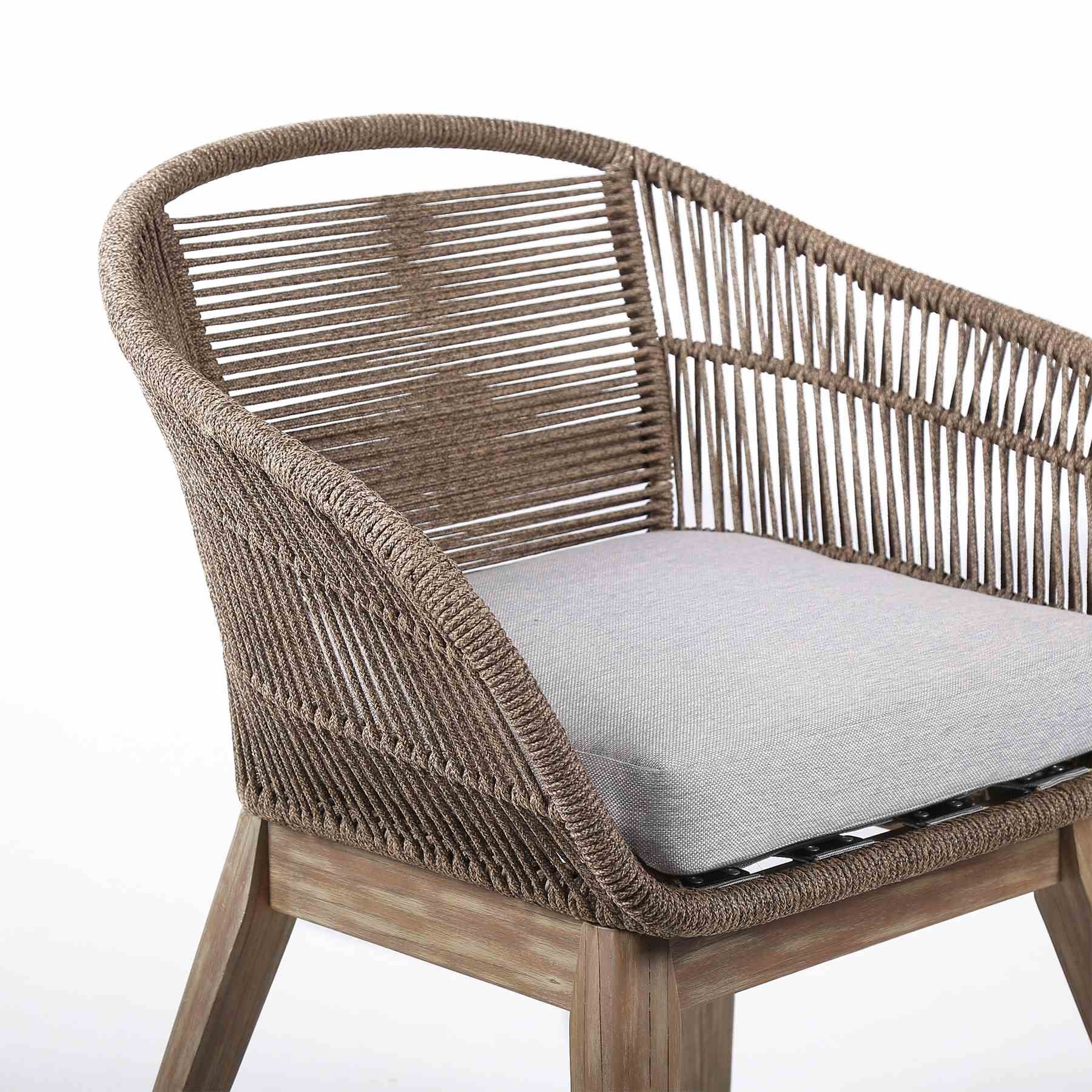 Tutti Frutti Indoor Outdoor Dining Chair in Light Eucalyptus Wood with Truffle Rope and Gray Cushion - Image 4