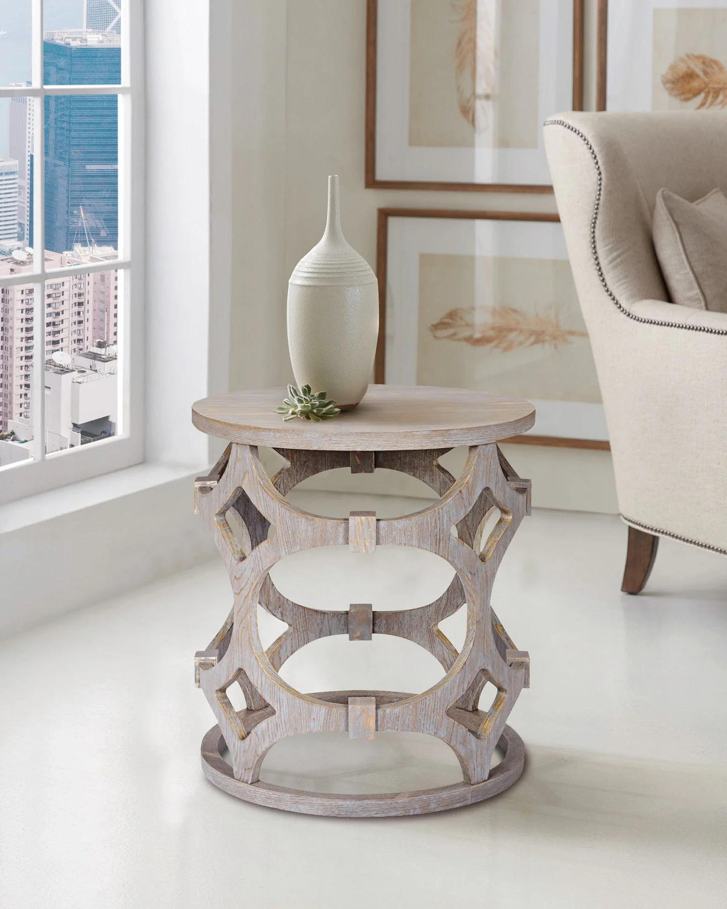 Tuxedo Round End Table with Gray Finish and Gray Top - Image 2