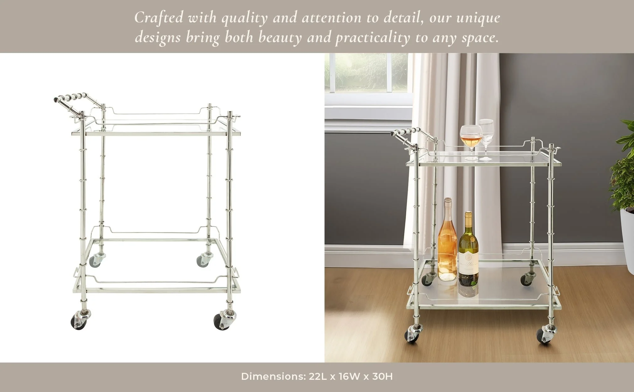 Two Tier 30"h Rolling Bar Cart, Silver - Image 6