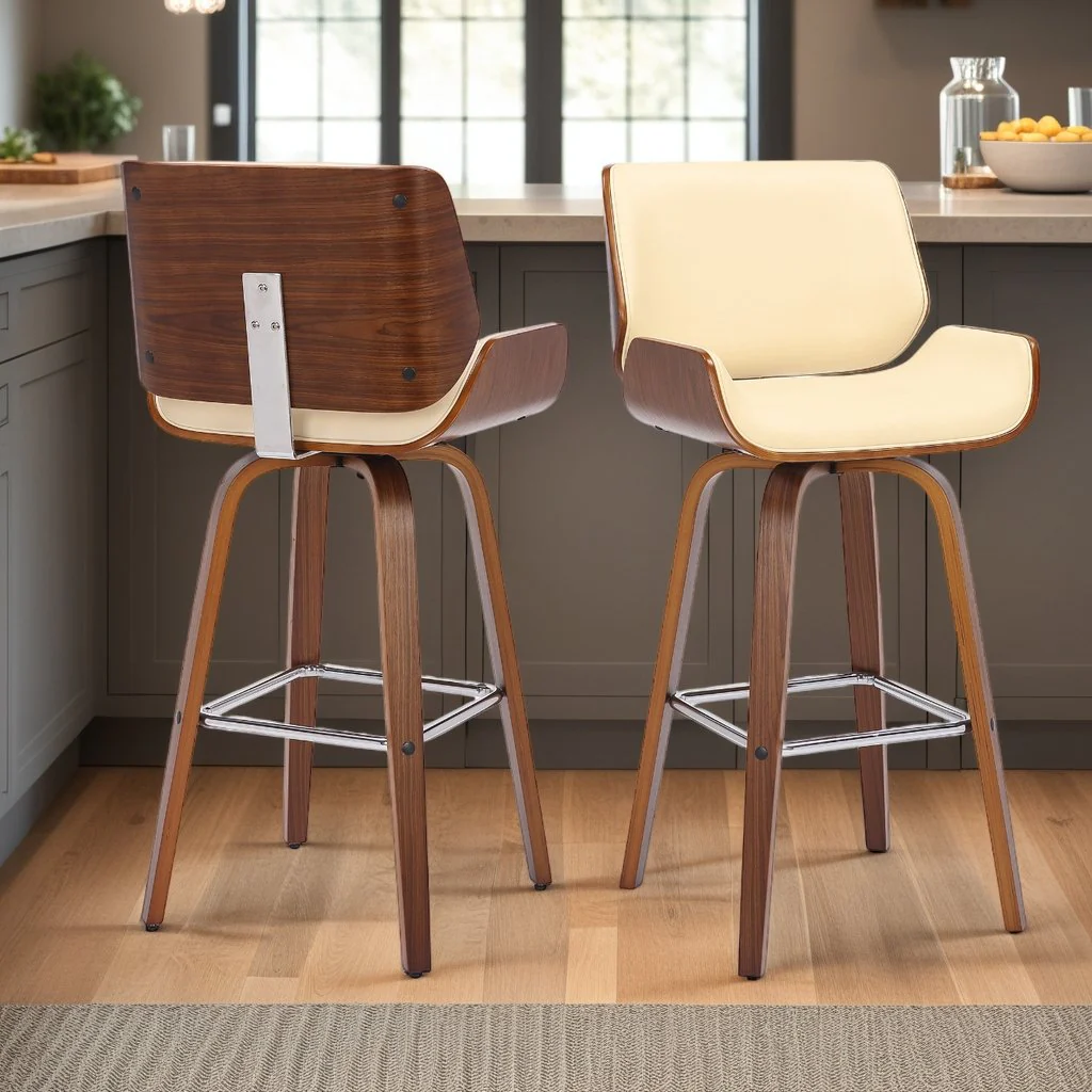 Tyler 26" Counter Height Swivel Cream Faux Leather and Walnut Wood Bar Stool - Image 10