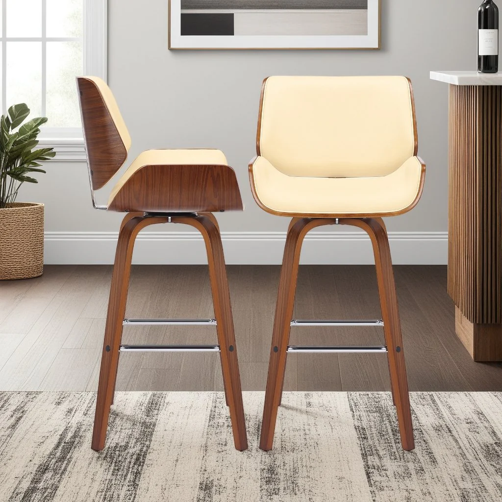 Tyler 30" Bar Height Swivel Cream Faux Leather and Walnut Wood Bar Stool - Image 10