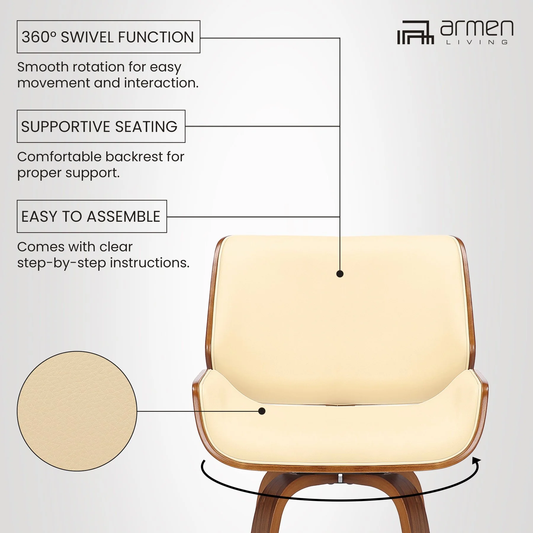 Tyler 30" Bar Height Swivel Cream Faux Leather and Walnut Wood Bar Stool - Image 11