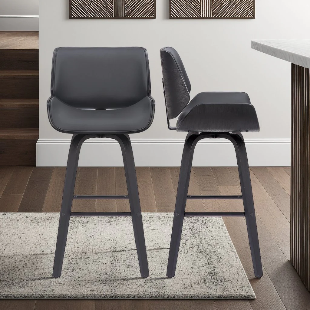 Tyler 30" Bar Height Swivel Gray Faux Leather and Black Wood Bar Stool - Image 10