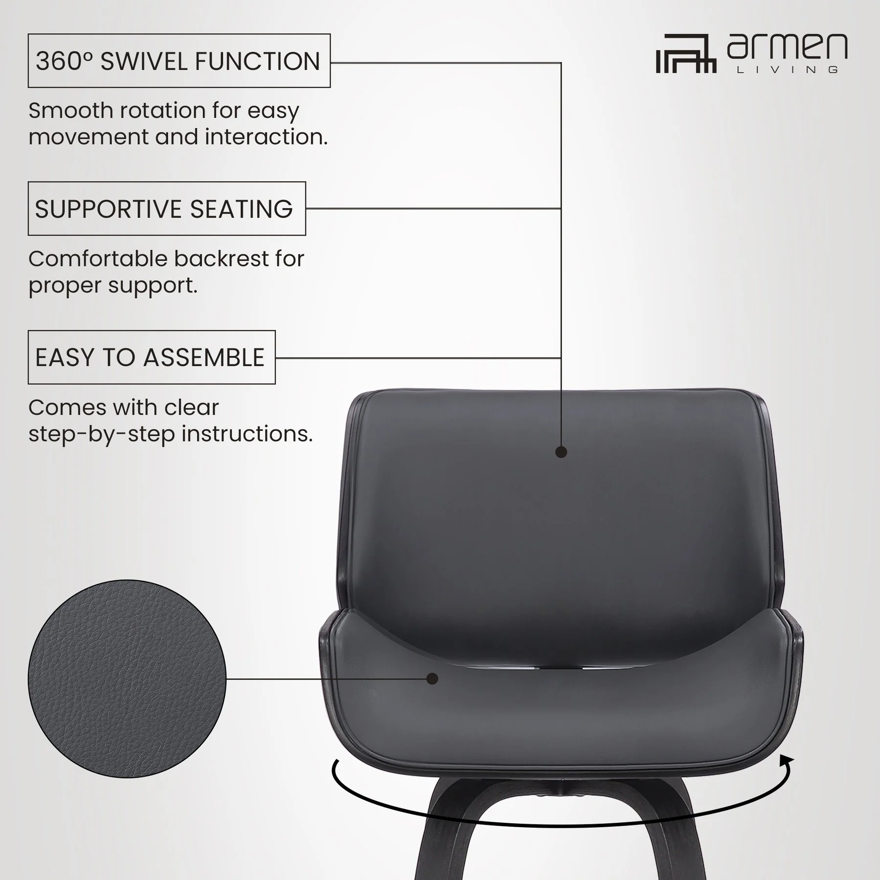 Tyler 30" Bar Height Swivel Gray Faux Leather and Black Wood Bar Stool - Image 11