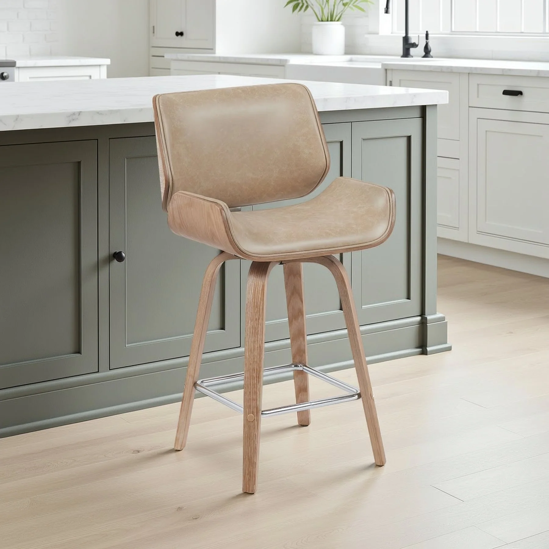 Tyler Modern Counter Height Swivel  Bar Stool with White Wash Finished Wood and Vintage Brown Upholstery - Image 7