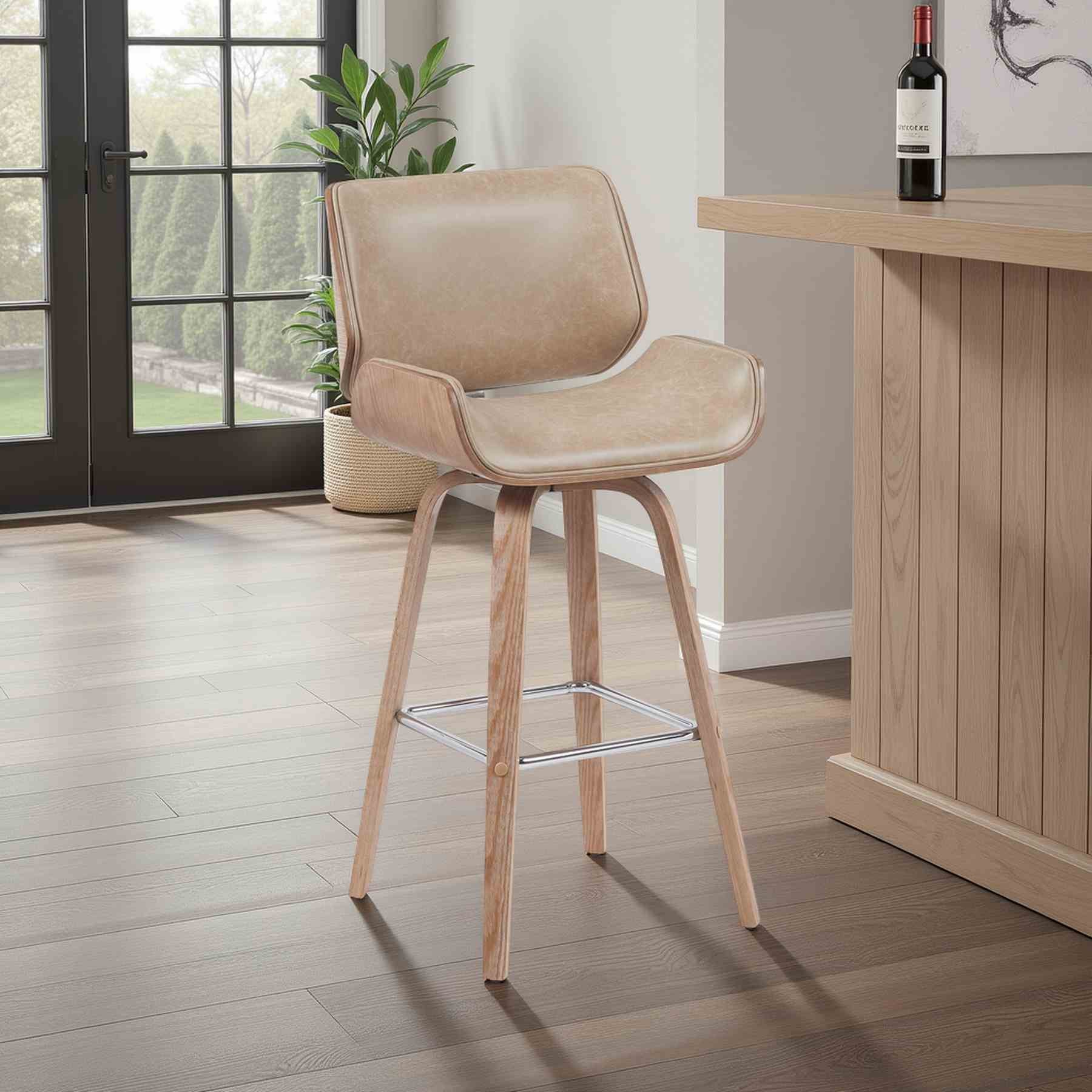 Tyler Modern Swivel Bar Stool with White Wash Finished Wood and Vintage Brown Upholstery - Image 7