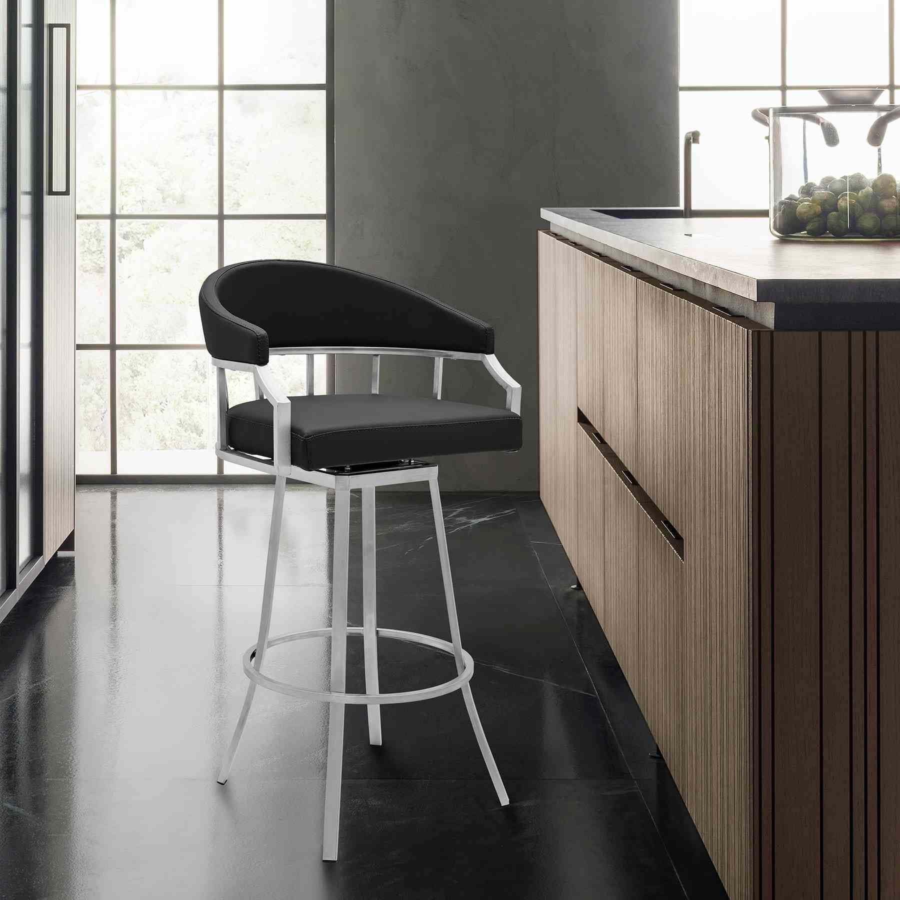 Valerie 26" Counter Height Swivel Modern Black Faux Leather Bar and Counter Stool in Brushed Stainless Steel Finish - Image 7