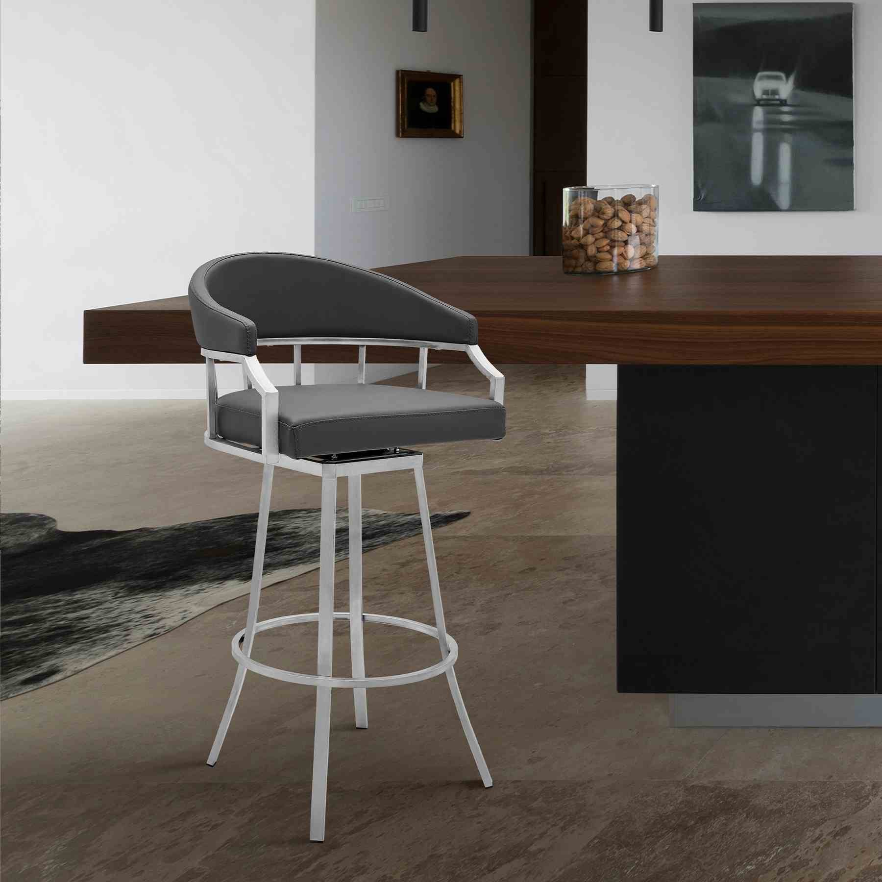 Valerie 26" Counter Height Swivel Modern Slate Gray Faux Leather Bar and Counter Stool in Brushed Stainless Steel Finish - Image 7