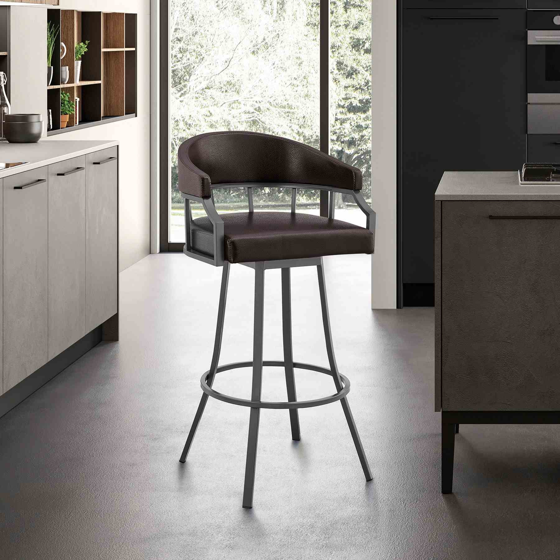 Valerie 26" Swivel Brown Faux Leather and Java Brown Metal Bar Stool - Image 10