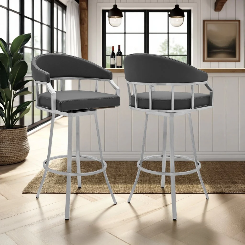 Valerie 30" Bar Height Swivel Modern Slate Gray Faux Leather Bar and Counter Stool in Brushed Stainless Steel Finish - Image 7