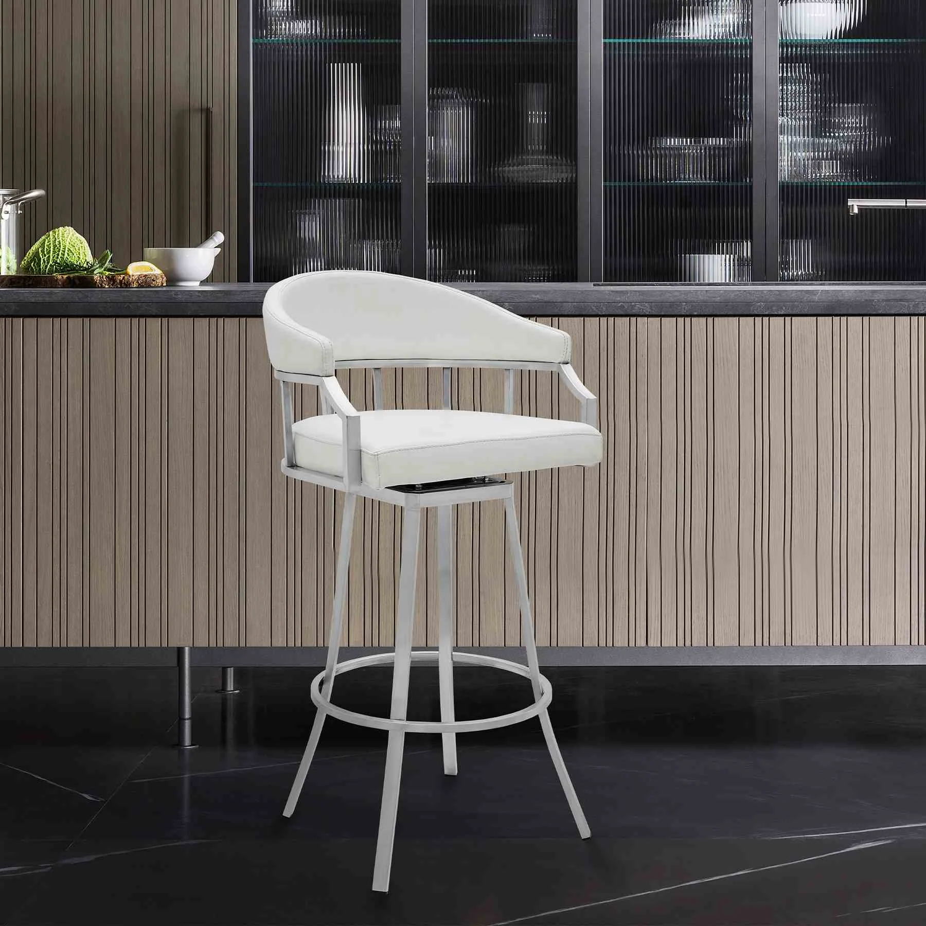 Valerie 30" Bar Height Swivel Modern White Faux Leather Bar and Counter Stool in Brushed Stainless Steel Finish - Image 7