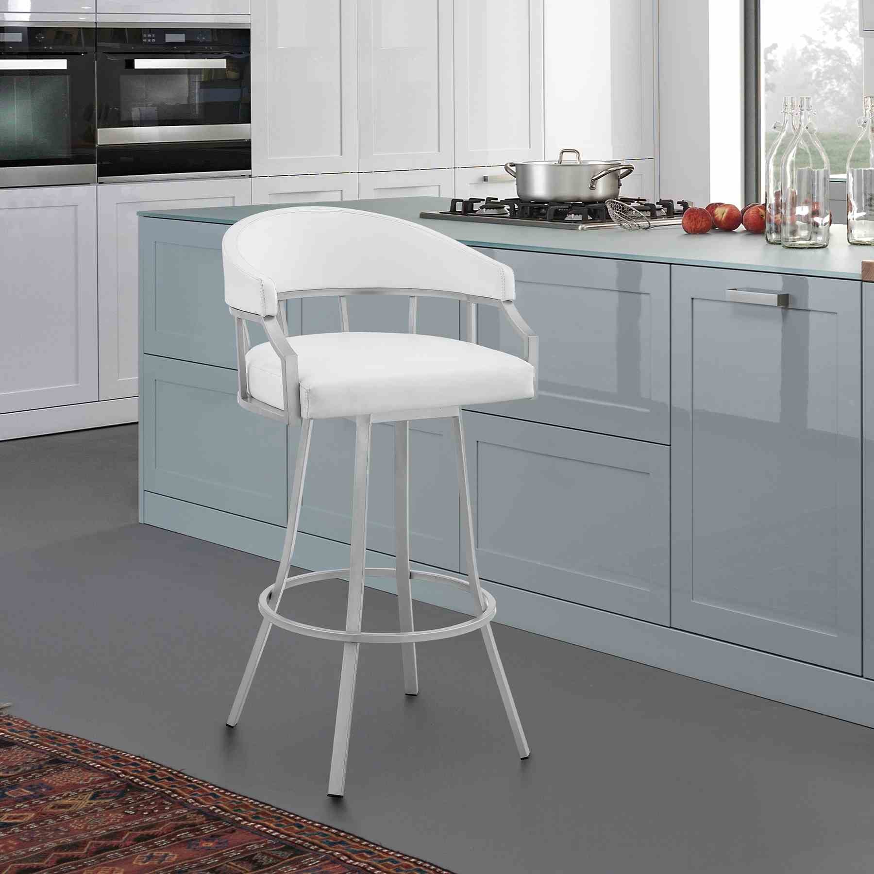 Valerie 30" Swivel White Faux Leather and Silver Metal Bar Stool - Image 10