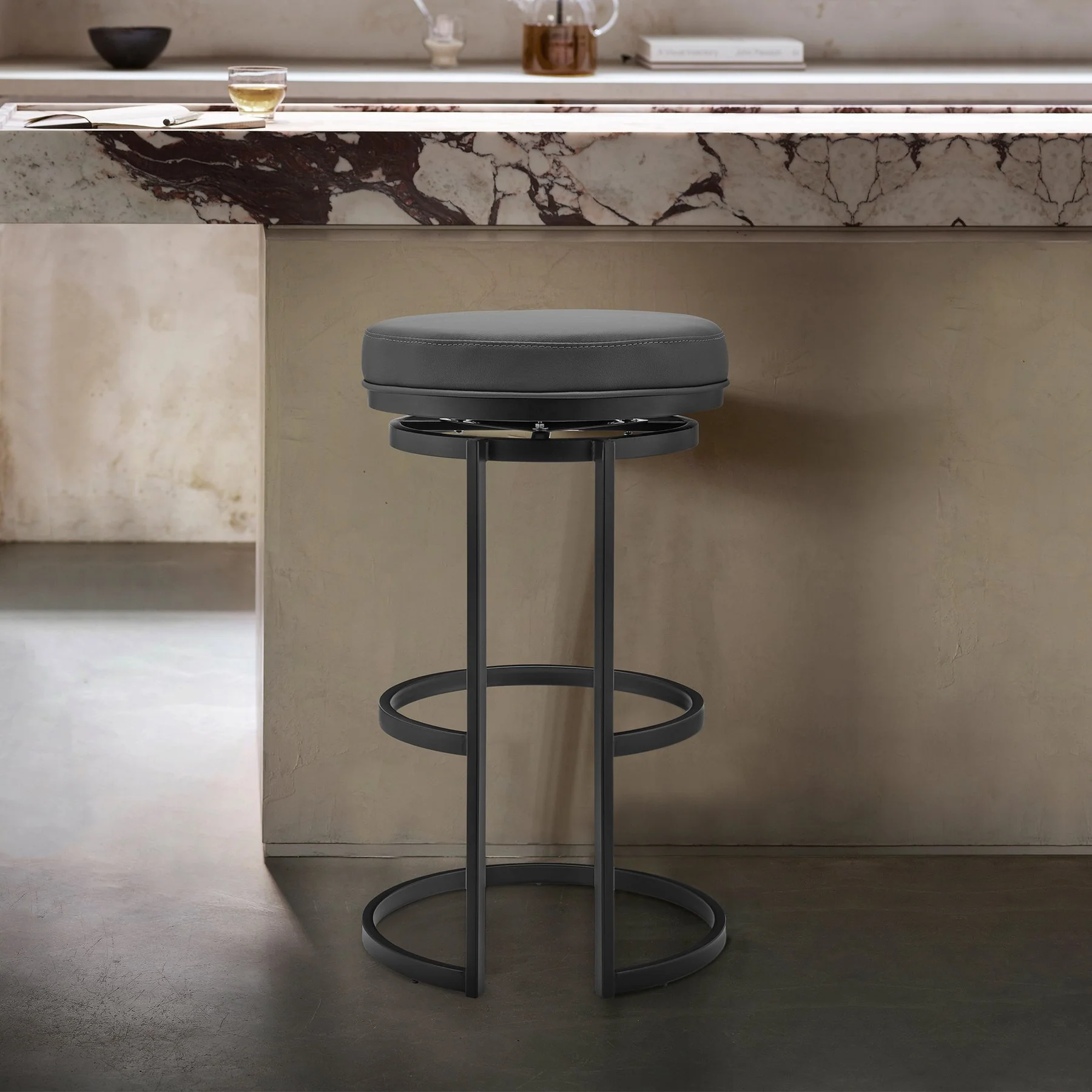 Vander 26" Gray Faux Leather and Black Metal Swivel Bar Stool - Image 7