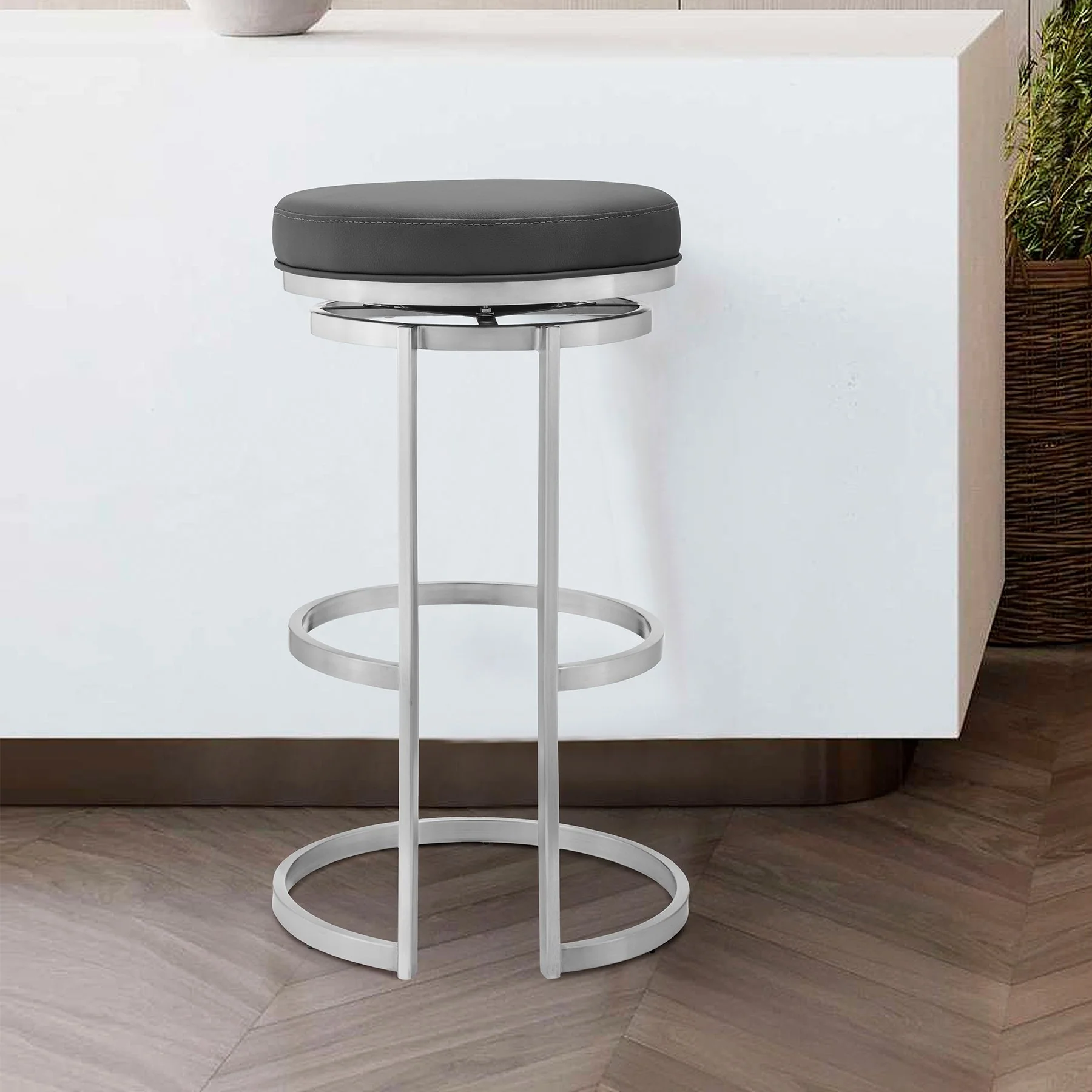Vander 26" Gray Faux Leather and Brushed Stainless Steel Swivel Bar Stool - Image 8