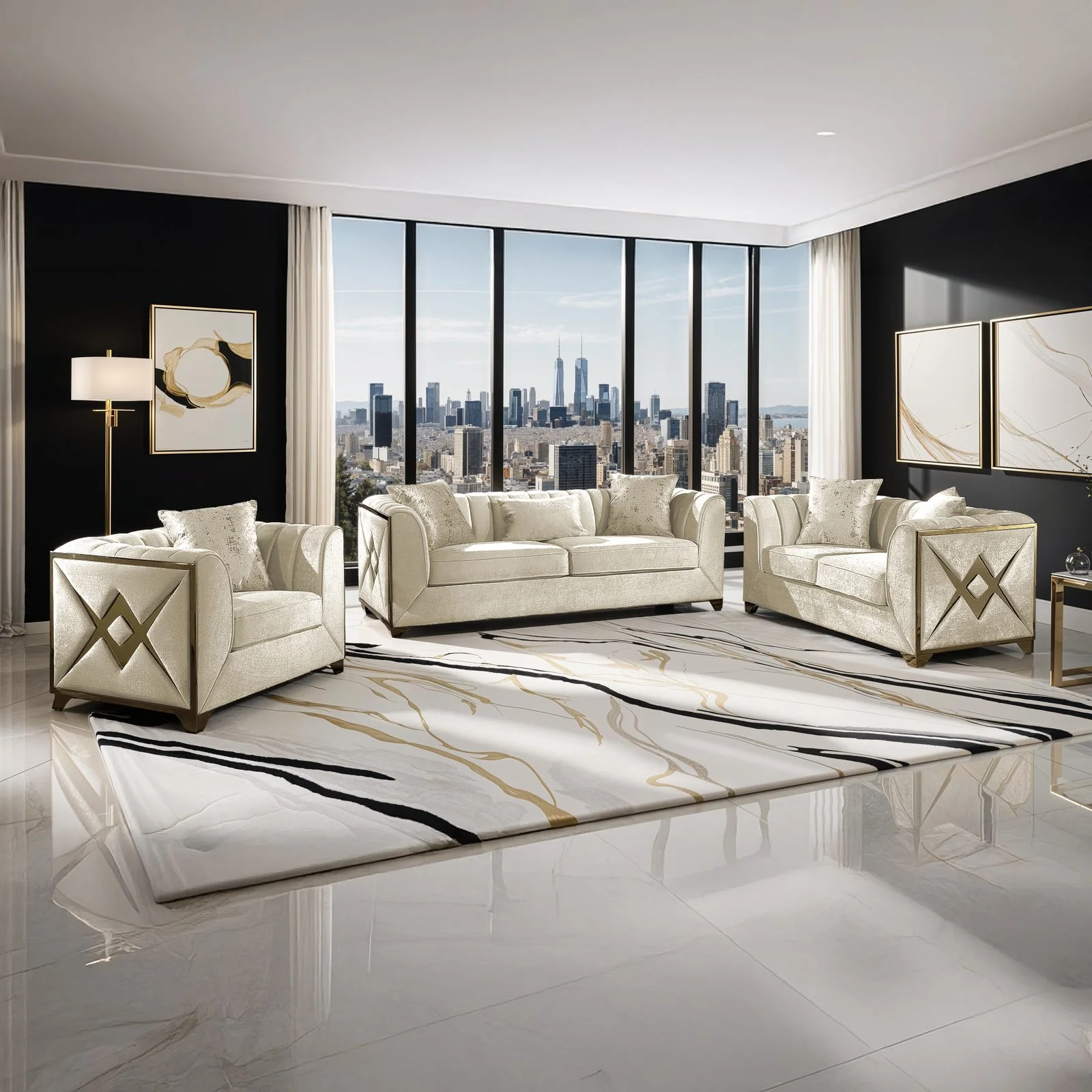 Velencia 3 Pc Living Room set Cream - Image 7