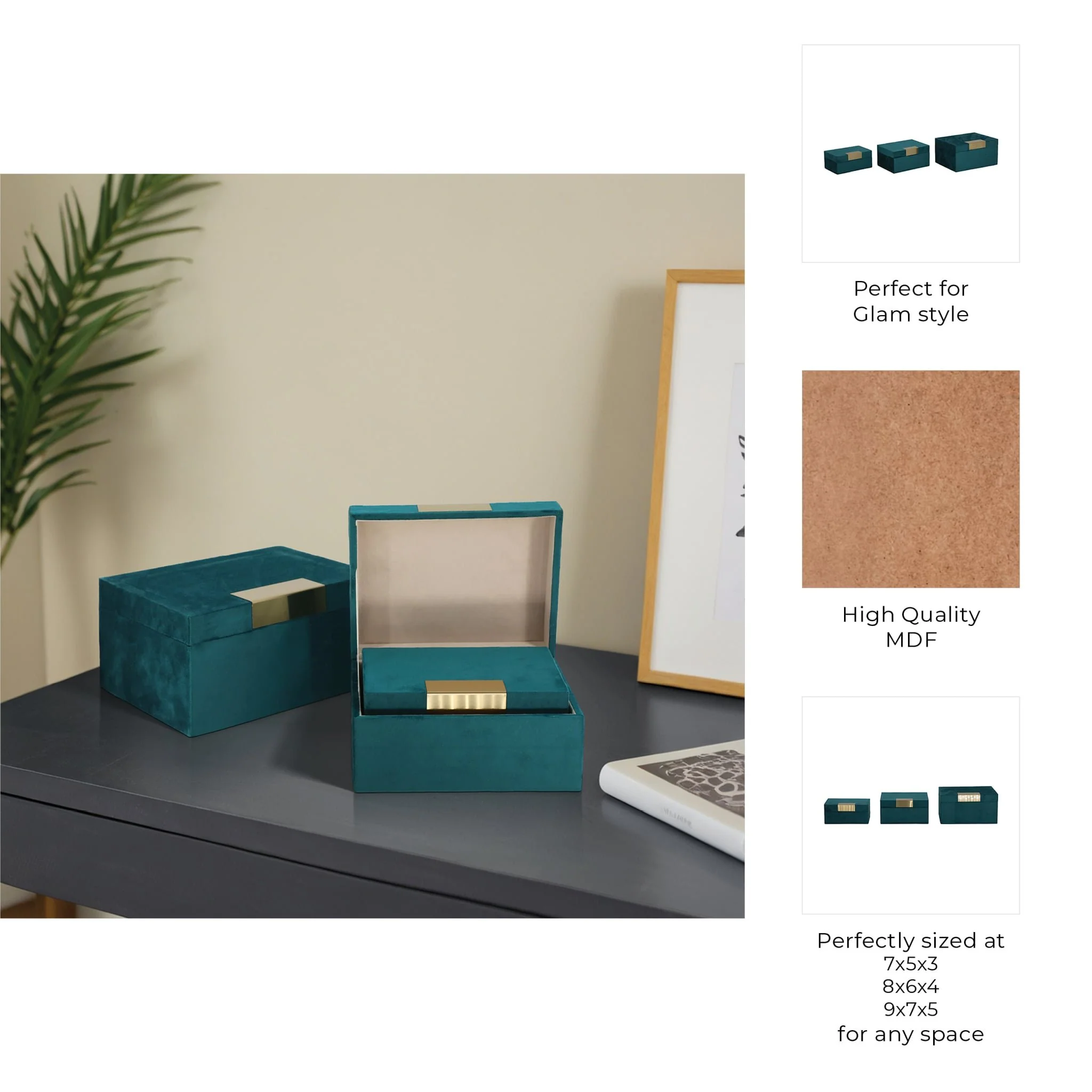 Velvet,s/3 7/8/9"l,jewelry Boxes,teal/gold - Image 3