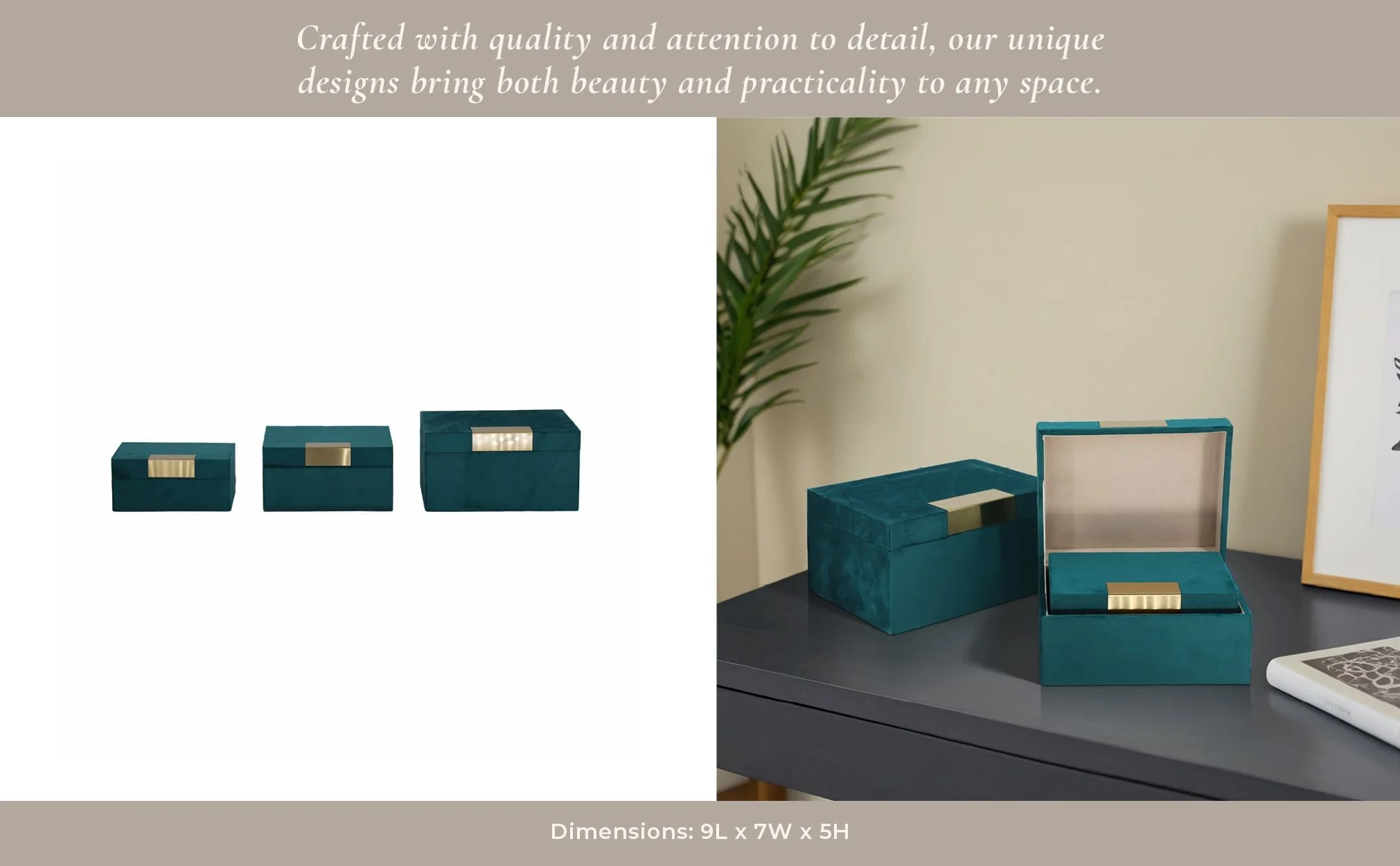 Velvet,s/3 7/8/9"l,jewelry Boxes,teal/gold - Image 4