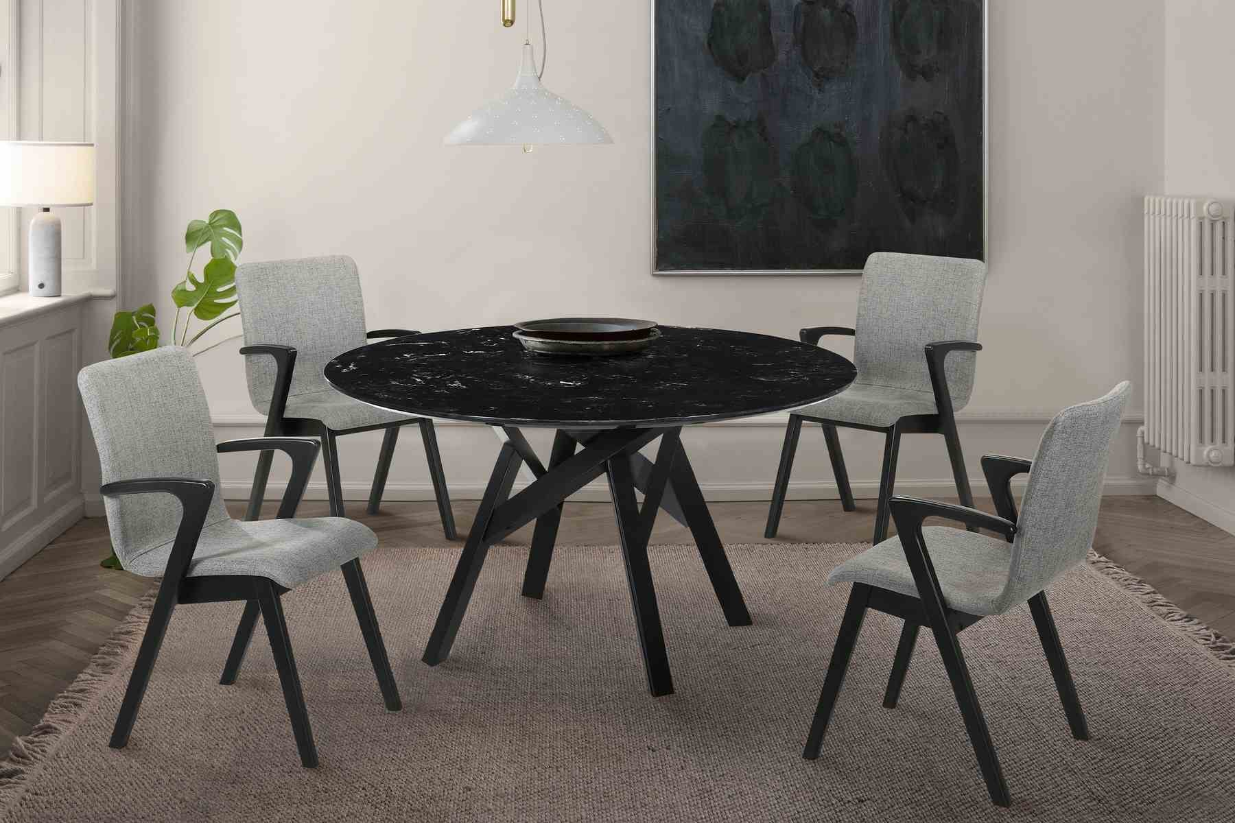 Venus 54" Round Mid-Century Modern Black Marble Dining Table with Black Wood Legs - Image 5