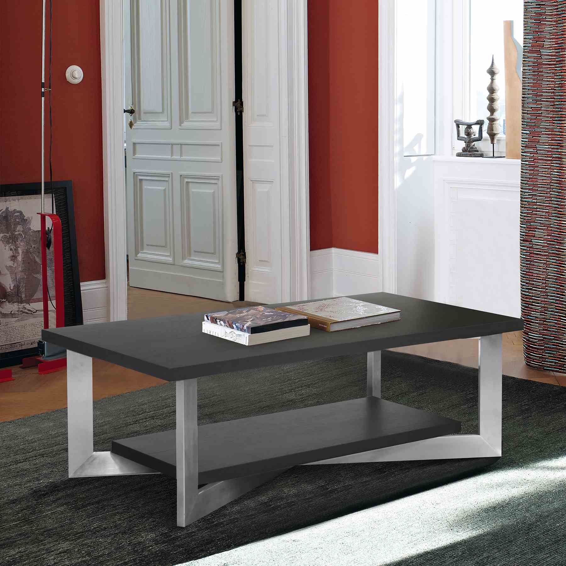 Vermont Contemporary Coffee Table in Brushed Stainless Steel Finish and Gray Top - Image 4