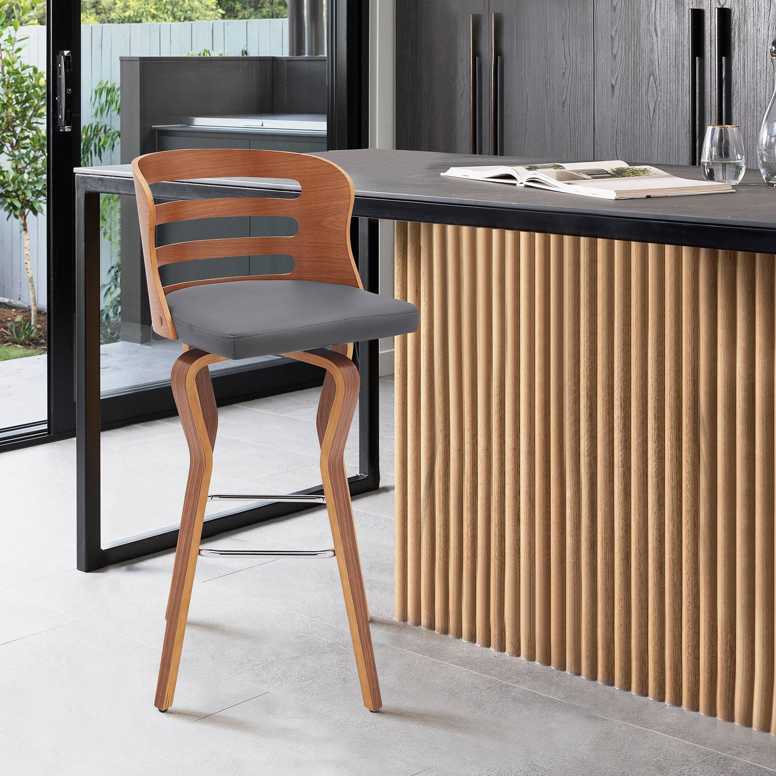 Verne 26" Swivel Gray Faux Leather and Walnut Wood Bar Stool - Image 9