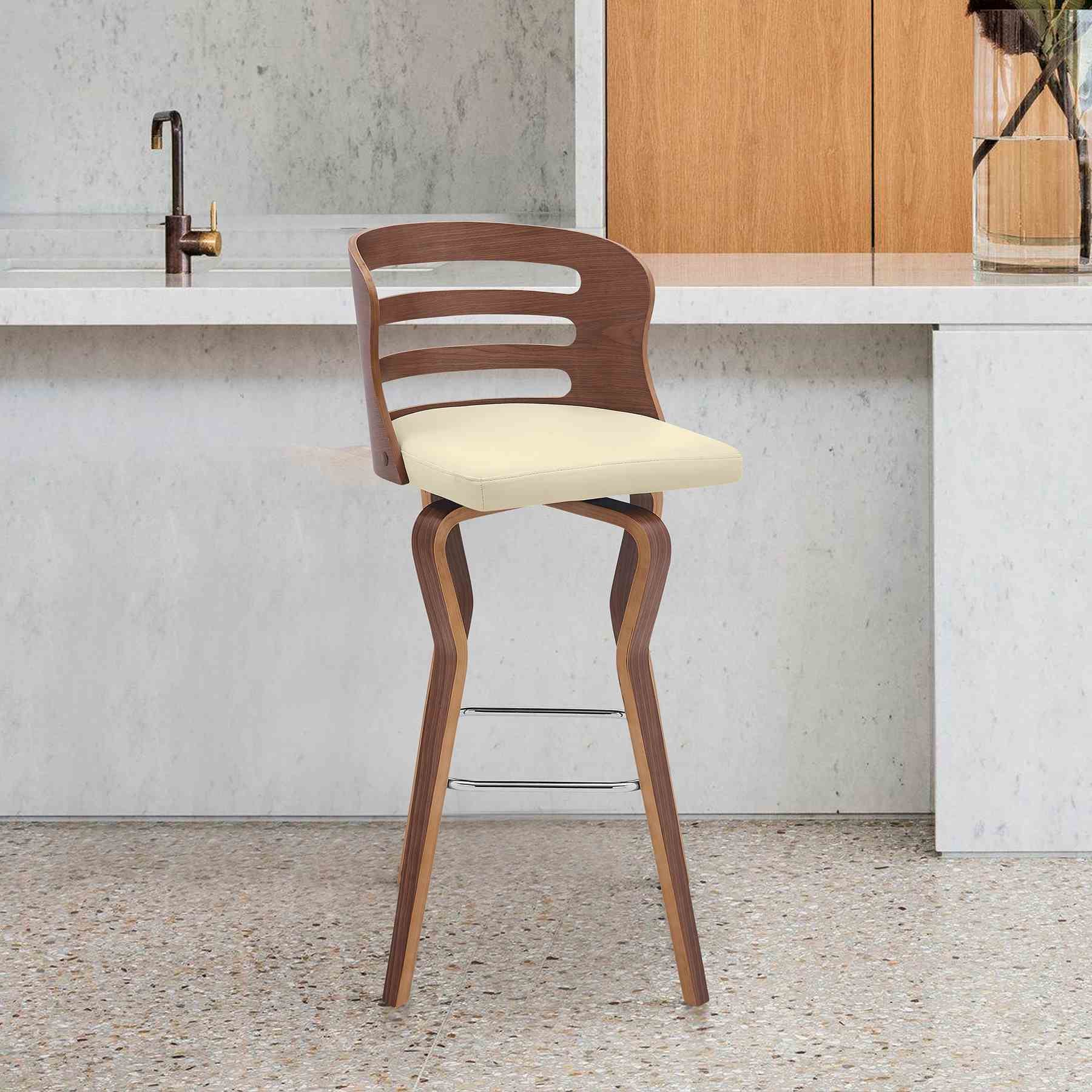 Verne 30" Swivel Cream Faux Leather and Walnut Wood Bar Stool - Image 8