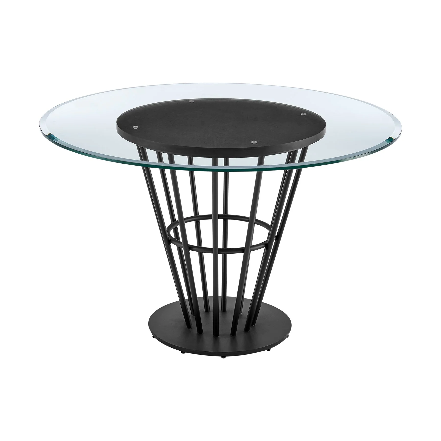 Veronica 48" Round Dining Table in Black Iron Base with Walnut Panel and Glass Tabletop - Image 2