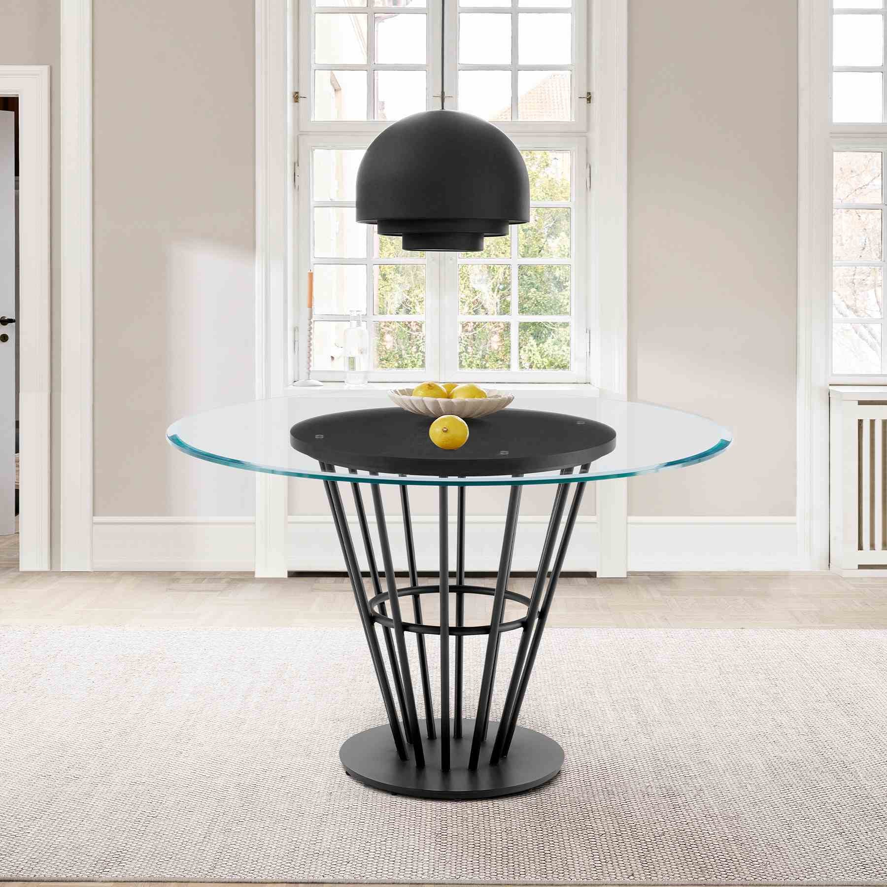 Veronica 48" Round Dining Table in Black Iron Base with Walnut Panel and Glass Tabletop - Image 8