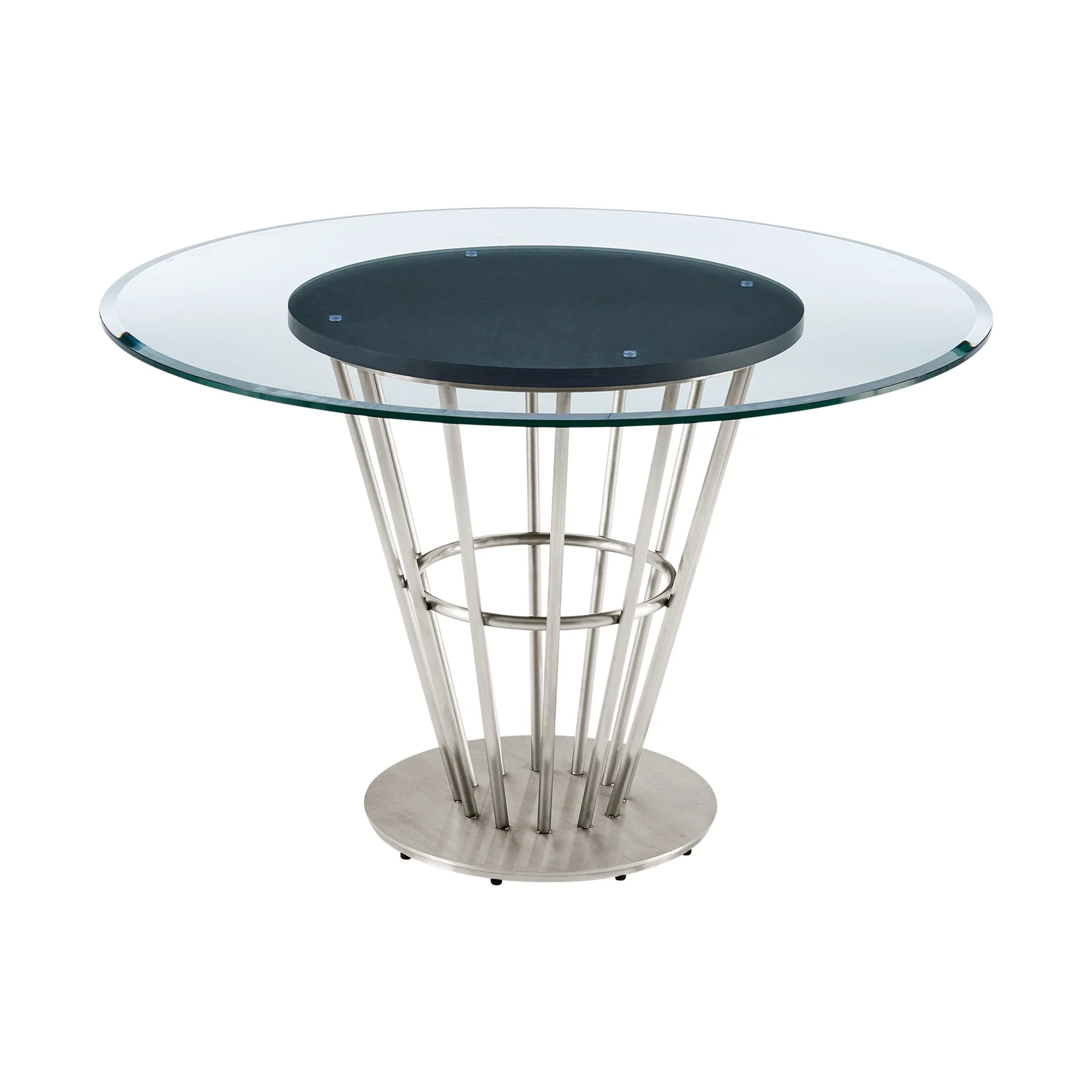 Veronica 48" Round Dining Table in Brushed Stainless Steel Base with Walnut Panel and Glass Tabletop - Image 2