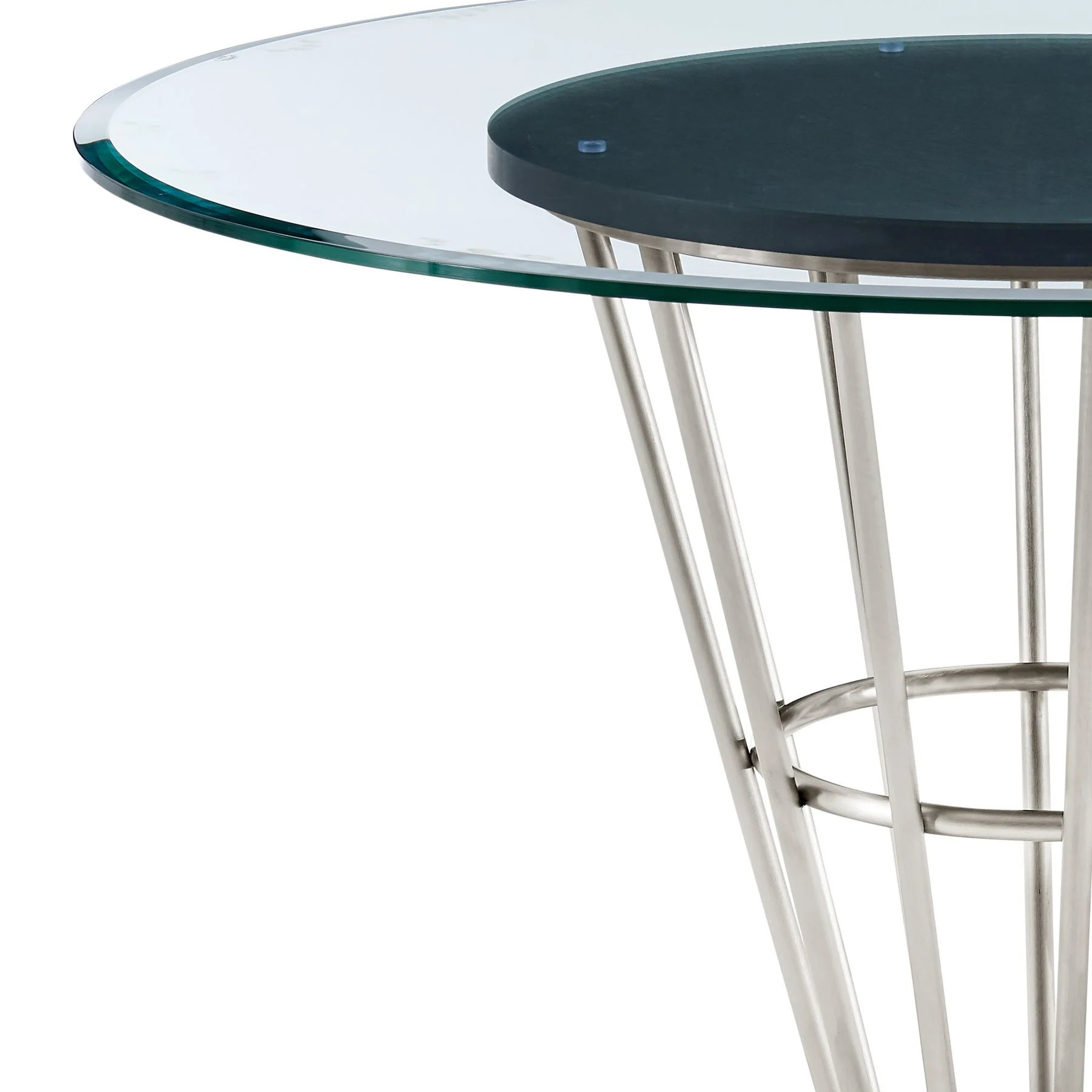 Veronica 48" Round Dining Table in Brushed Stainless Steel Base with Walnut Panel and Glass Tabletop - Image 4