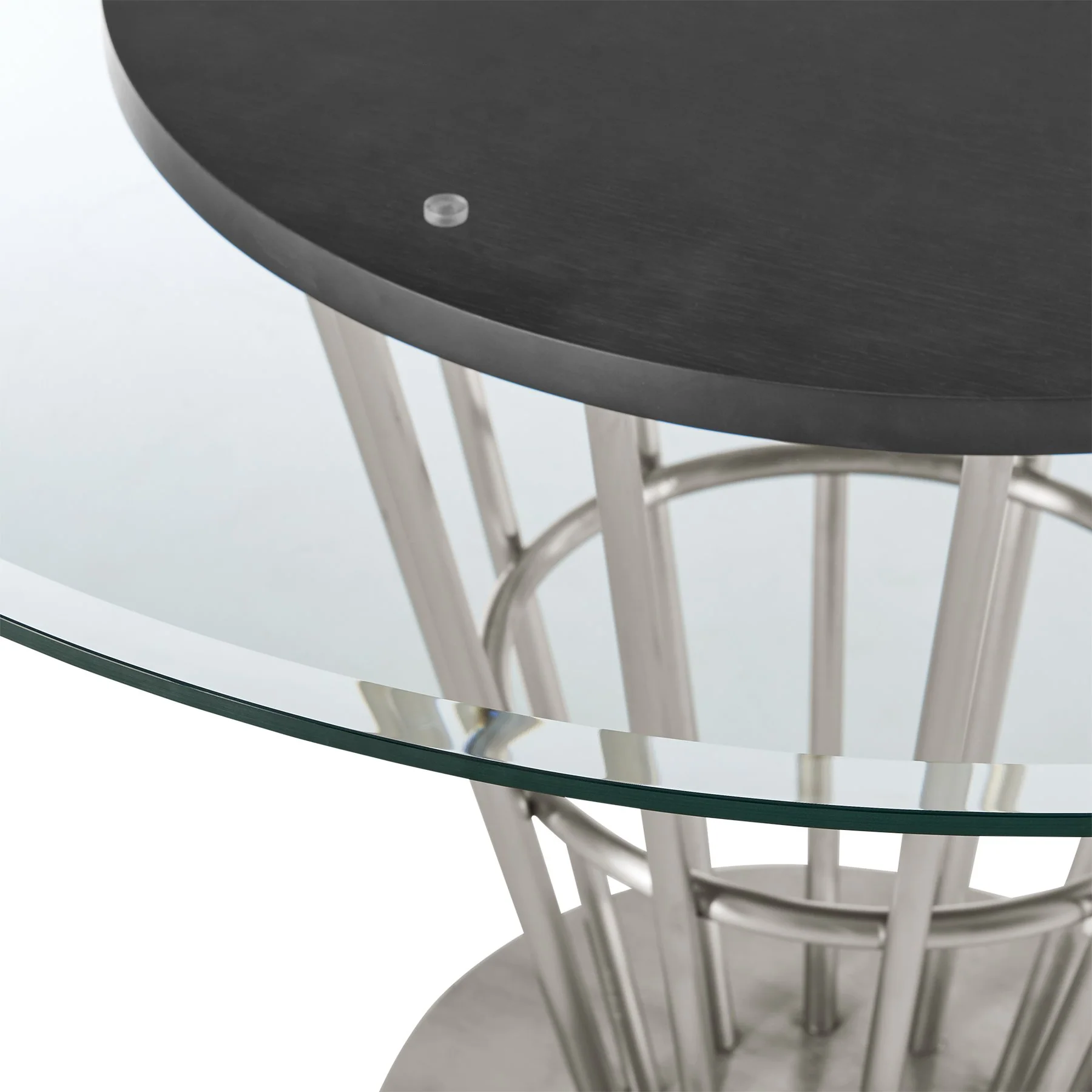 Veronica 48" Round Dining Table in Brushed Stainless Steel Base with Walnut Panel and Glass Tabletop - Image 5