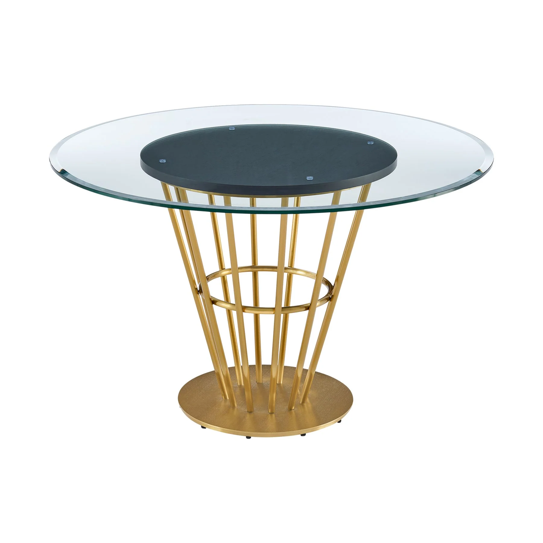 Veronica 48" Round Dining Table in Gold Stainless Steel Base with Walnut Panel and Glass Tabletop - Image 2