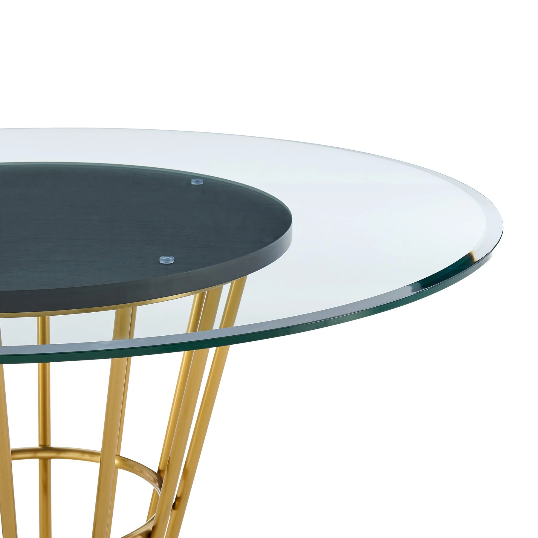 Veronica 48" Round Dining Table in Gold Stainless Steel Base with Walnut Panel and Glass Tabletop - Image 3